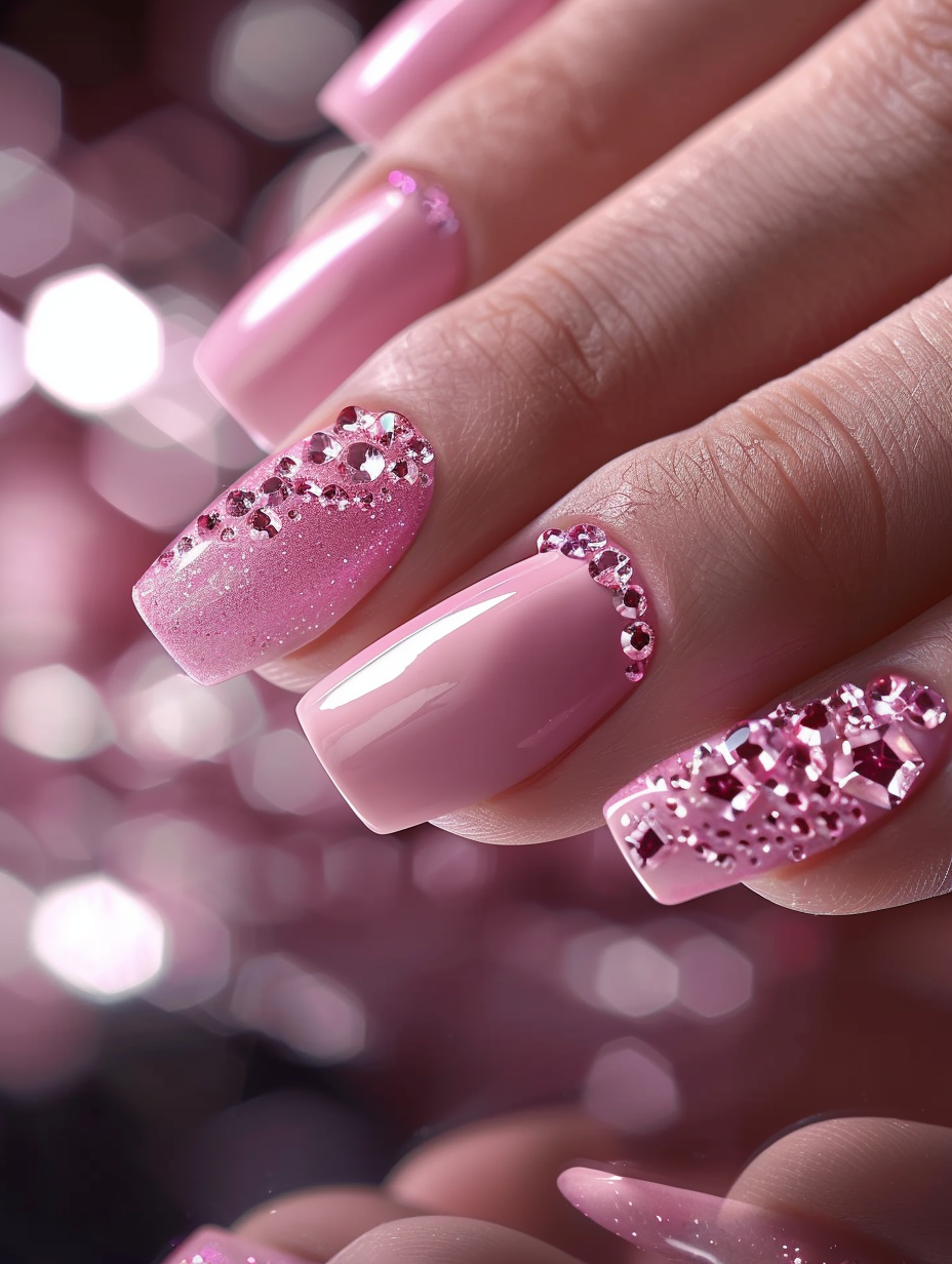 Capture a photorealistic image of Sparkling Elegance - Pink Gem Nails that exudes the essence of a high-end fashion editorial. The main subject, a hand with slender fingers, is adorned with meticulously applied, glossy, baby-pink nail polish, each nail featuring a delicately placed, radiant pink gem at the base, reflecting the sophisticated subtleties of natural light. The lighting should emulate global illumination with a soft, diffused quality, akin to the golden hour glow, enhancing the gem's sparkle and the nails' glossy finish. Opt for a full-frame DSLR camera equipped with a 50mm f/1.2 prime lens to achieve a shallow depth of field, ensuring the nails are in razor-sharp focus against a softly blurred background. The composition balances the hand's graceful pose on a reflective, obsidian-black surface, capturing the ethereal beauty and intricate details like the fine wrinkles on the skin and the precise cuticle care, encapsulated in a style reminiscent of Peter Lindbergh's 2020s visual content, where natural beauty and simplicity reign supreme. The image should convey a sense of luxury and meticulous attention to detail, with a touch of film grain to add texture and depth, making it feel like a snapshot from real life.