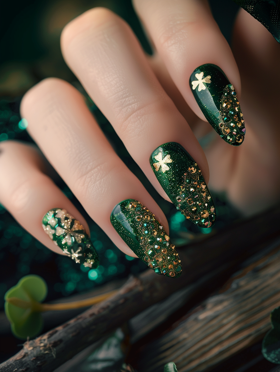 Capture a photorealistic image of an elaborate St. Patrick's themed nail design, showcasing vibrant shades of emerald green, gold glitter, and delicate shamrock decals adorning each nail. The nails are in sharp focus against a soft, diffused background of a dark oak table, enhancing the detailed artwork. Utilize a Canon EOS R5 camera with a RF 100mm F2.8L Macro IS USM lens to achieve an extreme close-up, allowing for intricate detail capture and a shallow depth of field. The lighting emulates early afternoon sunlight filtering through a sheer curtain, creating a warm, natural glow with subtle reflections highlighting the nail polish's texture and the metallic sheen of the gold. The composition balances the vivid nails with the organic wooden texture, drawing the viewer's eye directly to the lively St. Patrick's Day celebration encapsulated within the nail art. The image should mirror the high resolution and crisp quality of modern 2020s visual content, blending advanced photo-realism with the festive spirit of the holiday.