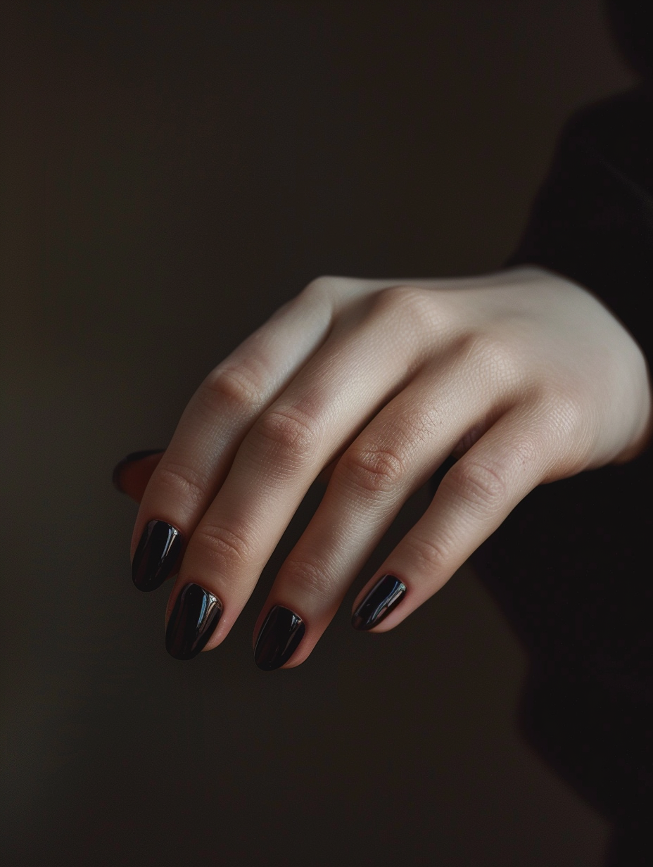 Generate a photorealistic image of a hand with sophisticated and bold black nails. The main focus is the stark contrast between the glossy black polish and the natural skin tones, under the soft diffusion of natural light, resembling the clarity and warmth of a Peter Lindbergh portrait. Utilize a Canon EOS R5 with an RF 85mm F1.2L lens to capture the intricate details of the nails, skin texture, and the subtle reflection on the polish, ensuring the image is shot at the golden hour to maximize the richness of the lighting. The composition should be balanced, with the hand slightly off-center, resting against a dark, moody background to emphasize the nails. Aim for a shallow depth of field, f/1.8, to keep the nails in sharp focus while softly blurring the background, adding a cinematic quality reminiscent of 2020s high-definition visuals. Incorporate slight film grain for texture and depth.