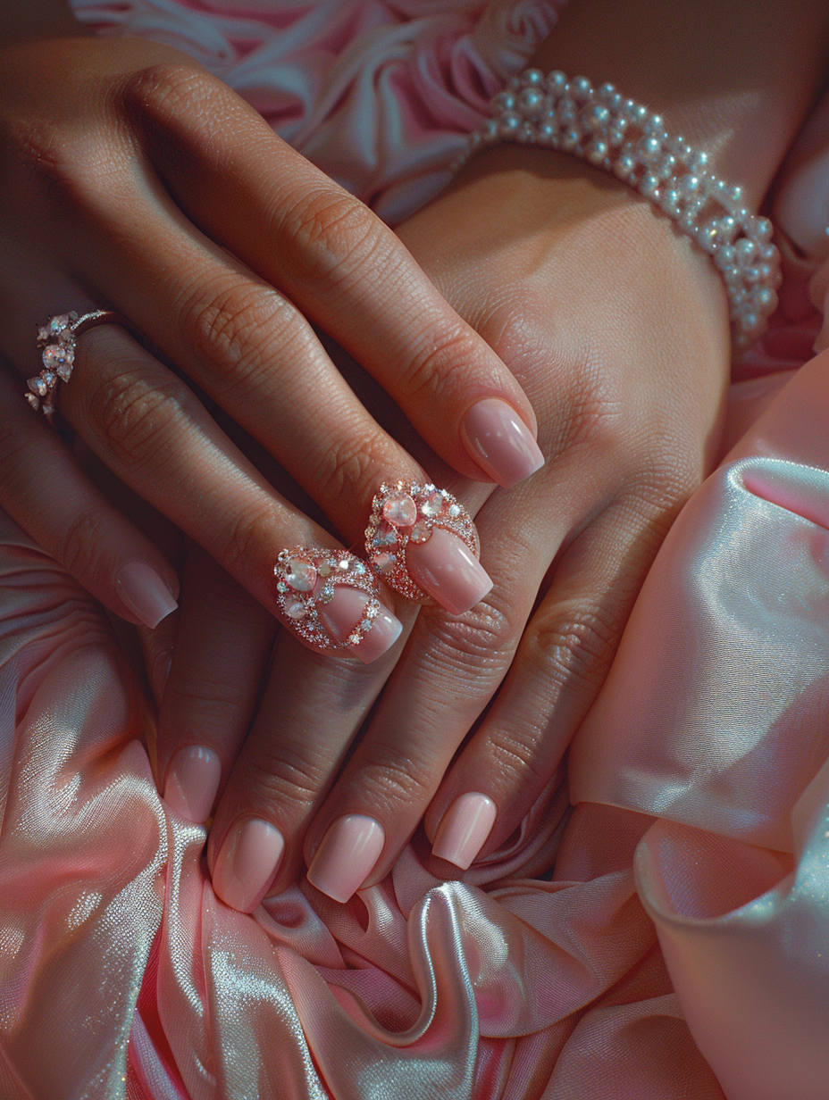 Capture a close-up, photorealistic image of delicate hands adorned with Sparkling Elegance - Pink Gem Nails, the focus sharp and unwavering on the intricacies of the gem placement and the subtle glow of the pink polish. The lighting should be natural, evoking a soft, early morning atmosphere with a hint of golden hour's warmth