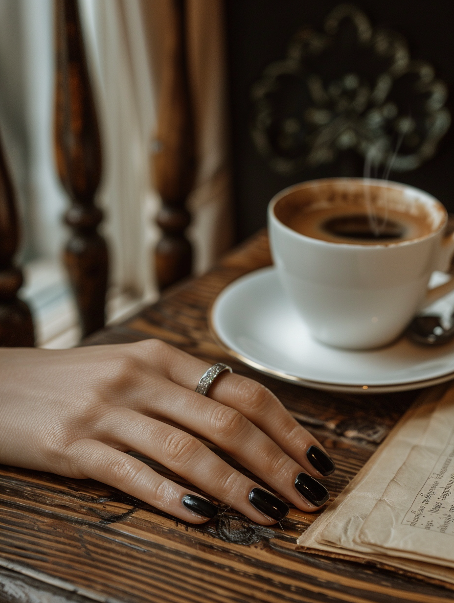 Capture a photorealistic image of elegant, sophisticated black nails, meticulously manicured with a glossy finish that catches the light. The backdrop: a cozy, softly lit café setting, with natural light filtering through sheer curtains, casting subtle shadows and highlighting the nails' boldness against the warm wooden table. Utilize a Canon EOS R5 camera with a 50mm f/1.2L lens for sharp focus on the nails, while softly blurring the background, creating a captivating bokeh effect. The image composition should balance the nails centrally, complemented by a steaming cup of coffee and a vintage, tattered book to the side, adding texture and depth. Emulate the high-quality, textured look characteristic of Annie Leibovitz's portraits, ensuring the nails remain the unequivocal subject, captured with high detail, and rich, natural color accuracy.