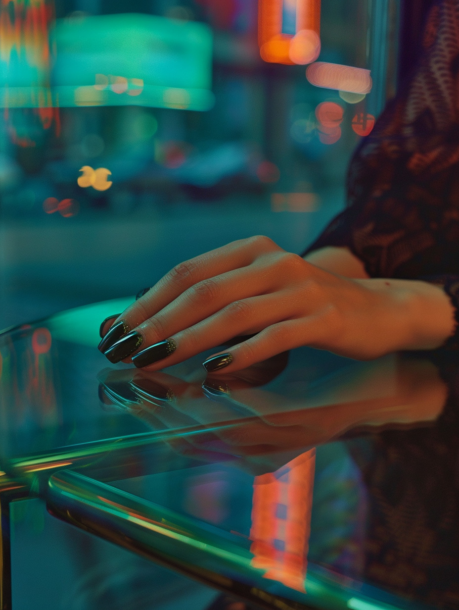 Capture a photorealistic image of Urban Chic - Basic Baddie Nails, embodying the essence of a high-quality 2020s visual masterpiece, reminiscent of the vivid storytelling seen in Petra Collins' photography. The focal point is a pair of hands laid casually on a glass table, the nails meticulously manicured in a bold, matte black finish, accented with subtle gold line art detailing, evoking an air of effortless elegance. The lighting should emulate the golden hour's natural warmth, with soft, diffused global illumination enhancing the texture of the skin and the reflective surface of the table, creating a harmonious play of light and shadow. Opt for a Canon EOS R5 camera paired with a RF 50mm F1.2L USM lens to achieve a shallow depth of field, placing the nails in sharp focus against a softly blurred urban café background. The composition is balanced yet dynamic, with the hands positioned asymmetrically to engage the viewer's eye. High detail, sharp focus, and a touch of film grain add depth and realism, immersing the viewer in the rich textures and sophisticated mood of the scene.