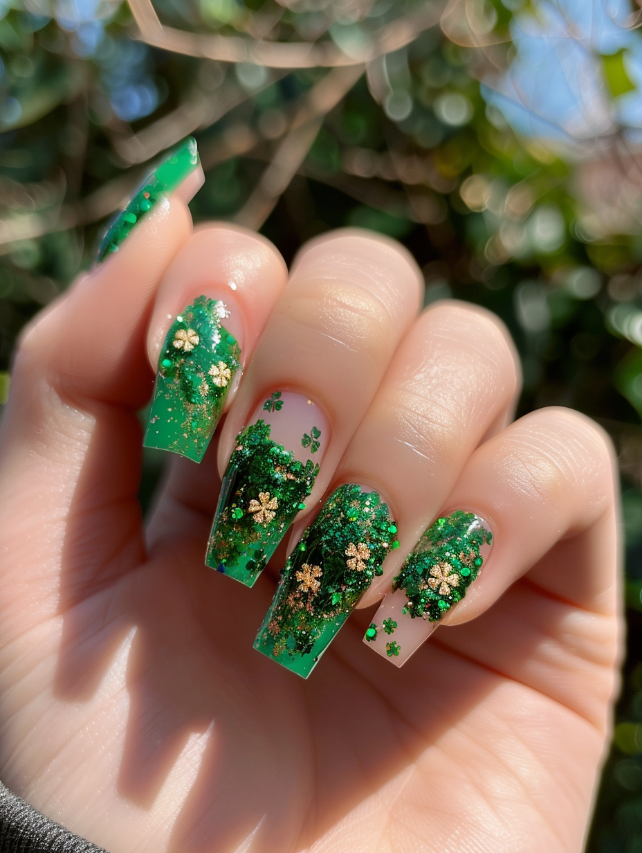 Capture a photorealistic image of a hand boasting a Lucky and Lively St Patrick’s Day-themed nail design. The nails are meticulously painted with a combination of emerald greens, gold sparkles, and tiny shamrock details, exhibiting a glossy finish that catches the light. The setting is natural daylight, mimicking the soft, golden hour glow that perfectly highlights the vibrant colors and intricate patterns of the nail art. The image should emulate the style of high-quality 2020s visual content, utilizing a DSLR camera with a macro lens for sharp focus on the nails, while softly blurring the background to emphasize the subject. The composition balances the vividness of the nails against the subdued natural background, with a touch of film grain to add texture and depth. This tableau is reminiscent of a scene captured by renowned photographers like Annie Leibovitz, where every detail contributes to the story, ensuring the nails are the unequivocal stars of the shot.