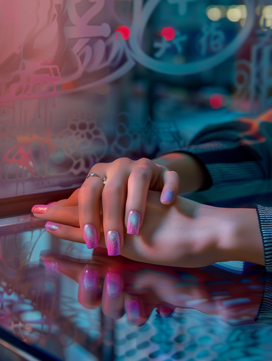 Capture a hyper-realistic image of Urban Chic - Basic Baddie Nails, designed to mirror a high-quality, candid snapshot. The focal point is a pair of hands resting casually on a glass-topped urban café table, showcasing meticulously detailed, glossy, square-shaped acrylic nails painted in a gradient from baby pink to a deep, rich fuchsia. Highlight the nails' subtle, reflective gloss under the soft, diffused natural daylight, mimicking the golden hour's warmth, enhancing skin tones, and accentuating nail artwork details. Incorporate a shallow depth of field, using a Canon EOS R5 camera paired with a RF 50mm F1.2L USM lens, ensuring the nails remain the sharp focus against a softly blurred cityscape background. This photorealistic image should be balanced, with a composition that draws the eye directly to the nails, complemented by the urban chic aesthetic of the wearer's minimalist silver jewelry and a hint of textured, black fabric sleeve edge. Aim for the visual style to channel the essence of high-end magazine editorials of the 2020s, combining natural elegance with urban flair, encapsulated within a frame that feels both candid and intentionally composed.