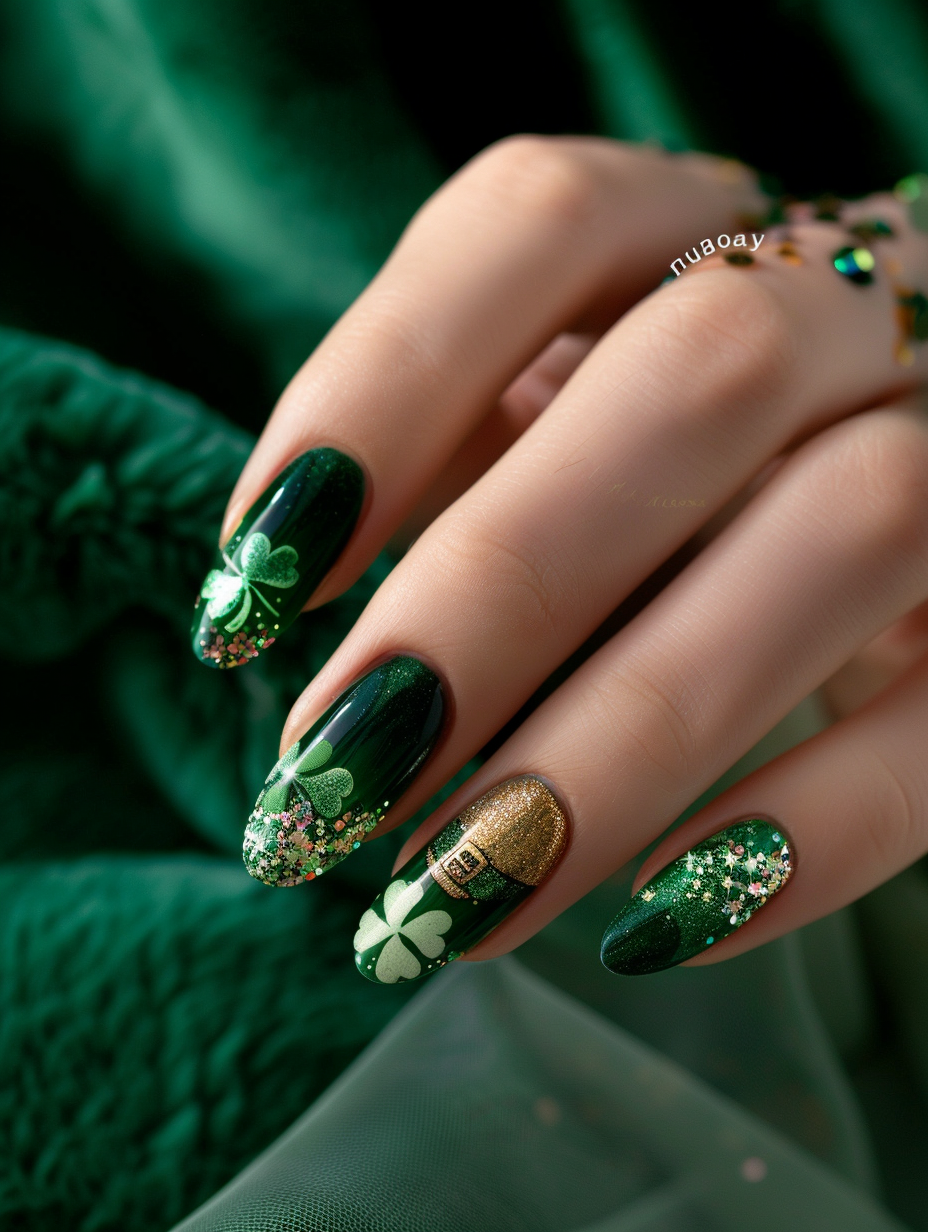 Capture a high-definition, photorealistic image of a hand showcasing a Lucky and Lively St. Patrick’s Day-themed nail design. The nails are painted in vibrant greens, golds, and sparkling shamrock details, with one accent nail featuring a tiny, intricately designed leprechaun hat. Utilize natural daylight filtering through a sheer curtain to create a soft, diffused lighting effect that highlights the glossy finish of the nails and the subtle sparkle of the glitter. The image should be taken with a Canon EOS R5 camera using an RF 50mm F1.2L USM lens, ensuring sharp focus on the nails while softly blurring the background to keep the attention on the detailed artistry of the nail design. The composition is balanced with the hand positioned slightly off-center, resting on a dark green velvet fabric that complements the St. Patrick's theme and adds texture to the scene. Aim for a style reminiscent of high-quality 2020s beauty and fashion photography, capturing the vivid colors and intricate details with a depth that makes the nail art appear to leap off the image.