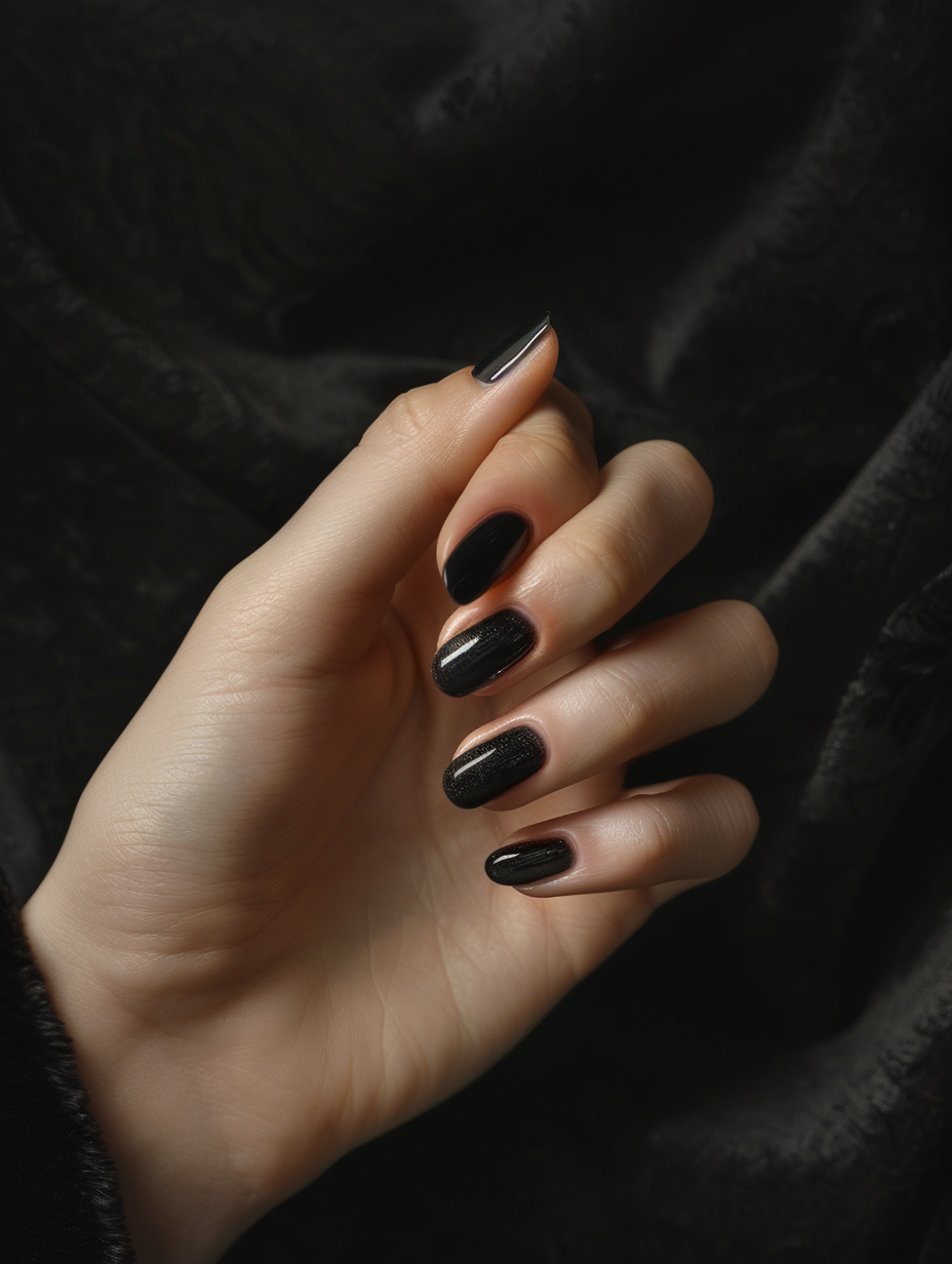 Craft a photorealistic image of a hand with sophisticated and bold black nails, exuding an aura of elegance and power. The nails, meticulously detailed with a glossy finish that catches the light, serve as the focal point. Utilize a Canon EOS-1D X Mark III camera with a 50mm f/1.2L lens, ensuring sharp focus on the nails while softly blurring the background for depth. Position the hand against a subtle, dark velvet texture to contrast the shine of the nails, employing a natural light source from the left to create a soft glow and intricate shadows that highlight the curvature and flawless application of the nail polish. The composition borrows from the chiaroscuro technique, reminiscent of classical paintings, yet embodies the crisp, cinematic quality seen in high-fashion photography of the 2020s. Aim for a balanced image with high detail, capturing the rich texture of the skin and velvet, while a subtle film grain adds to the realism and depth of the scene.