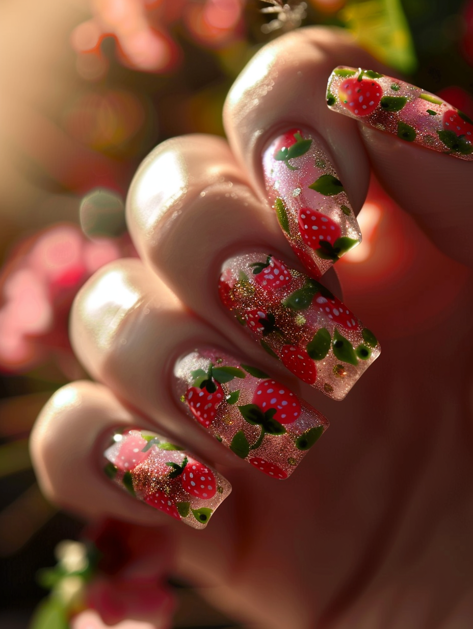 Capture a photorealistic image of sweet and playful strawberry-themed nails, illuminated by soft, natural light mimicking the golden hour—emphasizing the delightful pink and green color scheme with a high-detail, sharp focus. Use a Canon EOS-1D X Mark III with a 100mm f/2.8L Macro IS USM lens to catch the intricate designs, including tiny strawberry patterns and delicate leaves, against the subtle sheen of a clear gloss finish. The composition should balance the whimsy of the nail art with the realism of the surrounding skin textures and the natural light's play on the fingers. Aim for a visual style reminiscent of Annie Leibovitz's vivid storytelling through portrait photography, ensuring the image feels alive and grounded. Engage viewers with the tactile quality of the nails through thoughtful composition, avoiding any elements that distract from the main subject.