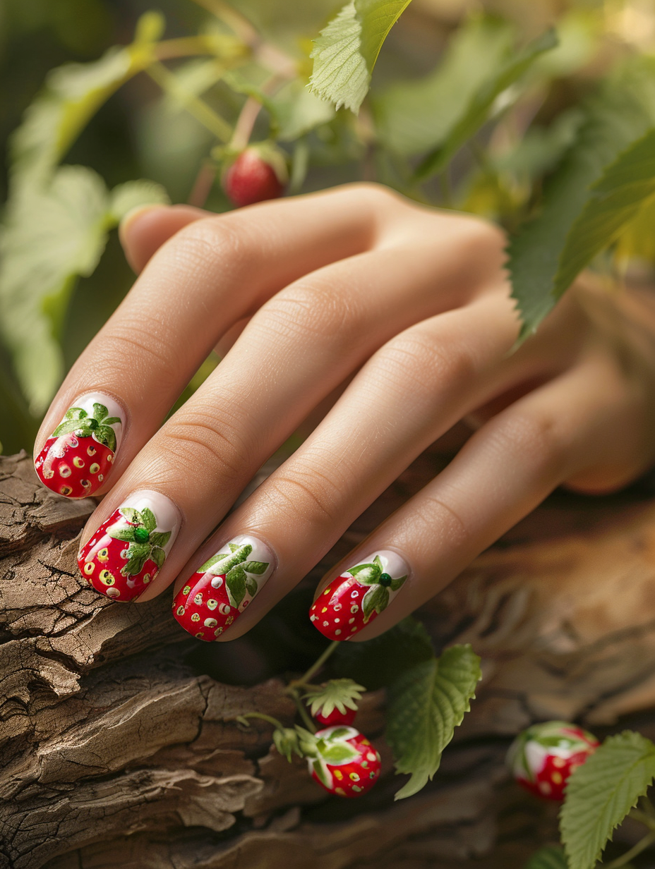 Craft a photorealistic image capturing the essence of sweet and playful strawberry-themed nails. Imagine this scene under the soft, diffuse light of a late spring afternoon, the kind that flickers through gently swaying leaves. The nails, meticulously painted, feature strawberry designs—vivid reds and greens against a glossy, clear background. Each fingernail acts as a canvas, displaying variations of the strawberry motif, some with tiny seeds, others with delicate, leafy tops. The hands are poised gracefully on the edge of a rustic wooden table, which contrasts with the youthful, cheerful nail art. For authenticity, employ a Canon EOS R5 camera, paired with an RF 50mm F1.2L USM lens, ensuring a shallow depth of field that sharply focuses on the nails while softly blurring the background. This setup, reminiscent of Peter Lindbergh's penchant for capturing the soul through simplicity, should highlight the strawberries' texture and the nails’ glossy finish, enhancing the image's vibrancy and depth. Balance the composition with natural elements, perhaps a lightly cast shadow of a strawberry plant, to enrich the narrative. Aim for a shot that combines high detail, sharp focus, and the subtle beauty of film grain, reflecting high-quality visual content of the 2020s.