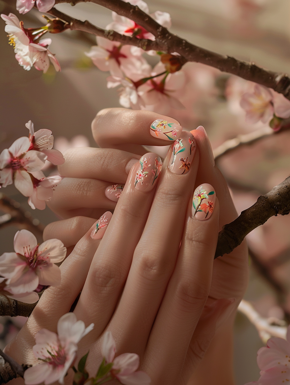 Capture a photorealistic image of Floral Fantasy - Spring Nails, deeply infused with the essence of a vibrant spring. The focal point is a pair of hands, gently cupped and holding a fragile, dew-kissed cherry blossom, showcasing meticulously manicured nails adorned with intricate, floral-inspired art. Each nail is a miniature canvas, featuring a blend of pastel hues and delicate, hand-painted flowers that harmonize with the blossom's soft pink petals. Employ global illumination to replicate the soft, diffused light of early morning, subtly highlighting the glossy finish of the nails and the fine veins of the cherry blossom. Use a Canon EOS-1D X Mark III, with a 100mm f/2.8L Macro IS USM lens, ensuring a shallow depth of field that sharply focuses on the nails while softly blurring the background, enriching the image with a dreamy, ethereal quality. The composition should mimic the high-fidelity, vibrant clarity seen in the works of renowned photographers like Annie Leibovitz, with a hint of the whimsical storytelling seen in Tim Walker's fairy tale-inspired shoots. Aim for a balanced composition with the hands centrally placed, allowing the floral details on the nails to be the stars, against a backdrop that suggests a lush, enchanted garden, bathed in the warm glow of sunrise. Emphasize high detail, sharp focus, and a fine film grain to add depth and a touch of realism to this spring reverie.