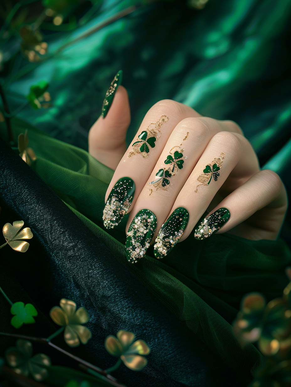 Create a photorealistic image showcasing a hand adorned with a Lucky and Lively St. Patrick's Day-themed nail design. The hand is positioned elegantly on a vintage, dark green velvet cushion that emphasizes the theme. Each fingernail displays intricate designs: clovers, pots of gold, delicate swirls of green and gold glitter, and tiny leprechaun hats. The lighting is reminiscent of golden hour—soft, warm, and diffused, enhancing the sparkle of the glitter and the depth of the green, creating a cozy, inviting atmosphere. For this image, use a Canon EOS-1D X Mark II camera with a 50mm f/1.2 lens to capture the detailed artwork with sharp focus and a shallow depth of field, ensuring the nails are the vivid center of attention while softly blurring the background. The natural light, complemented by subtle global illumination, mimics the subtleties of a late afternoon in early spring, providing a rich, warm palette and deep shadows that contour the hand and velvet texture. Aim for a composition that balances the nails with the negative space of the cushion, creating a harmonious and eye-catching scene. The style should echo the high detail and vibrant colors seen in contemporary 2020s visual content, ensuring film grain is minimal to maintain the realism and clarity of the image.