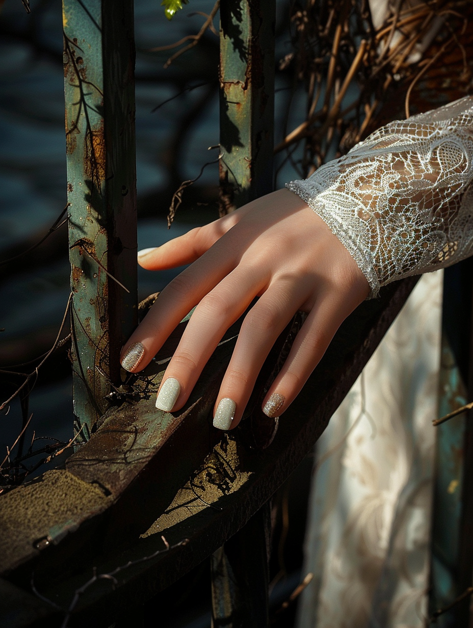 aim for a late afternoon natural light, enriched by the soft, diffused glow of golden hour, creating intricate patterns of light and shadow that highlight the textures of the skin, the polish's gloss, and the urban decay of the railing. The composition should evoke a balance between the gritty realism of the setting and the refined glamour of the nails, reminiscent of a scene captured by a contemporary street fashion photographer, where every element contributes to an atmosphere of edgy elegance.