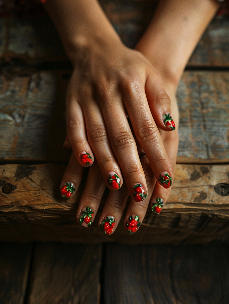 Craft a photorealistic image showcasing sweet and playful strawberry-themed nails, illuminated under natural light, resembling the golden hour's warm glow. The hands rest gracefully on a rustic wooden table, emphasizing the vivid red and green polish art with delicate strawberry patterns. Mimic a Canon EOS R5’s sharp focus and depth, using a 50mm f/1.2L lens for that soft bokeh effect, enhancing the intricate designs and natural skin texture. Aim for a composition akin to Annie Leibovitz's portrait style, focusing on the realism of colors and textures, with a sprinkle of film grain for that 2020s high-quality visual content flair.