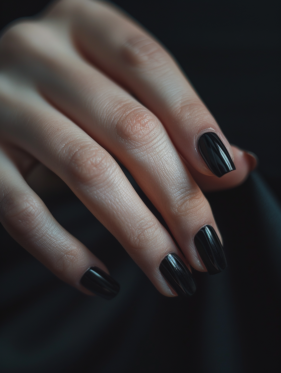 Imagine a close-up, hyper-realistic photograph of sophisticated and bold black nails, meticulously manicured with a glossy finish that catches the light. The image is taken with a Canon EOS R5 equipped with a RF 85mm F1.2L USM lens, perfect for capturing high detail and creating a soft, bokeh background that emphasizes the sharp focus on the nails. The lighting scheme is taken from a late afternoon setting, utilizing natural sunlight diffused through sheer curtains to generate a warm, golden hour glow on the skin, with subtle highlights reflecting off the nail's surface, showcasing its flawless finish. The composition takes inspiration from the elegant simplicity of Annie Leibovitz's portrait work, focusing solely on the hands positioned gracefully on a dark, matte surface that contrasts the nails' shiny texture. This setting not only elevates the subject but also introduces a tactile element through the interaction of textures and light, achieving a balance that feels both grounded and ethereal. The overall mood is one of understated luxury and boldness, aiming to capture a moment that is both timeless and emblematic of 2020s high-quality visual content.