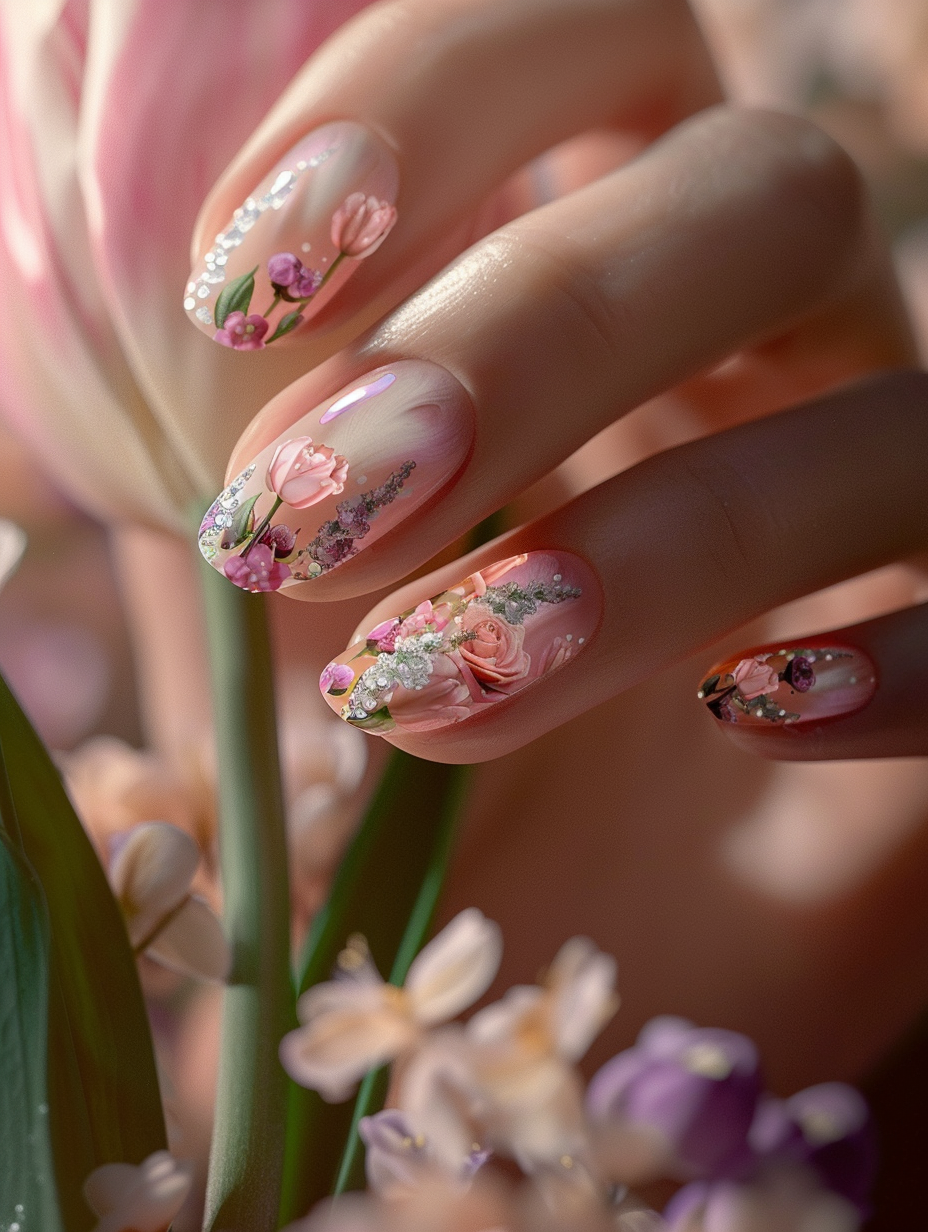 Imagine a close-up, photorealistic image of a hand delicately holding a soft, pastel pink tulip, the focal point being the immaculate Spring nails. Each nail is a small canvas of intricate, floral fantasy art - from tiny, detailed rosebuds in shades of blush and ivory to fine, wispy designs of baby's breath and lavender, all under a glossy finish that catches the light. The image is bathed in the golden hour sunlight, exploiting natural light's full spectrum to create a warm, inviting glow with soft shadows that add depth, accentuating the textures of the nail art and the velvety tulip petals. The camera, a Canon EOS-1D X Mark III, equipped with a Canon EF 100mm f/2.8L Macro IS USM lens, captures this scene in extraordinarily high detail, sharp focus on the nails, with a slight bokeh effect in the background to minimize distractions, ensuring the nails and tulip command all attention. The composition balances the vivid colors of the nail art with the subtle hues of the tulip and the natural skin tone, creating a harmonious palette that feels fresh and spring-like. The image, reminiscent of the stylistic choices seen in Vogue's beauty editorials of the 2020s, harnesses the power of global illumination and film grain to give a texture that's palpable, almost inviting the viewer to reach out and touch.