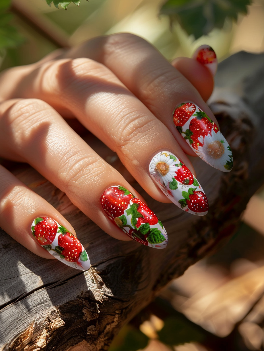 Capture a close-up, photorealistic image of sweet and playful strawberry-themed nails, embodying the essence of a sun-kissed summer day. The nails are intricately painted with vibrant red strawberries, delicate green leaves, and tiny white flowers, mimicking the natural gloss and texture of fresh strawberries. Utilize a Canon EOS R5 with a RF 100mm F2.8 L Macro IS USM lens to achieve exceptional clarity and depth, highlighting the complex details of the nail art against the soft, natural light background, which should be illuminated to reflect the warm, golden hour sunlight. The composition is balanced, with the hands gently resting on a surface of natural wood, adding contrast and grounding the image in reality. Aim for a high-detail finish that brings out the subtleties of the nail polish's shine, the natural skin texture, and the wooden grain, all while employing a shallow depth of field to keep the focus on the nails. Mirror the visual quality of a Vogue Beauty photoshoot, with attention to the soft, diffuse lighting and the vivid, yet natural color palette that brings the strawberry-themed nails to life.