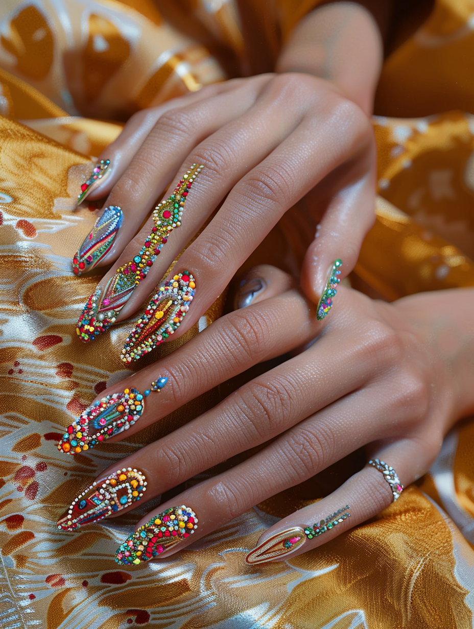 In this prompt, you're to generate a photorealistic image capturing the essence of Urban Chic through the intricate, highly detailed view of Basic Baddie Nails. The main subject, an elegantly posed hand, is adorned with flawlessly executed nail art—bold patterns, vibrant colors, and adorned with tiny jewels, embodying the daring spirit of the urban fashionista. The nails' glossiness contrasts with the matte texture of the skin and the soft, fabric background—suggesting a plush, velvety surface. Utilize natural lighting to highlight the complexity of the nail art, with soft shadows enhancing the three-dimensional effect of the jewels. The lighting setup should mimic golden hour, providing a warm, flattering glow that accentuates the skin's natural texture and the vivid colors of the nail art. Shot with a Canon EOS-1D X Mark III, using a 50mm f/1.2 lens to achieve a shallow depth of field, the focus is razor-sharp on the nails, gradually softening as it moves away, creating a bokeh effect in the background. The composition is balanced, with the hand centrally placed, allowing the viewer's eye to comfortably explore the fine details. Aim for a high-detail finish, with a hint of film grain to give the image a touch of cinematic realism, reminiscent of high-quality 2020s visual content. Avoid any unnecessary complexity, focusing strictly on the nails and their immediate context to maintain coherence and clarity in the image's narrative.