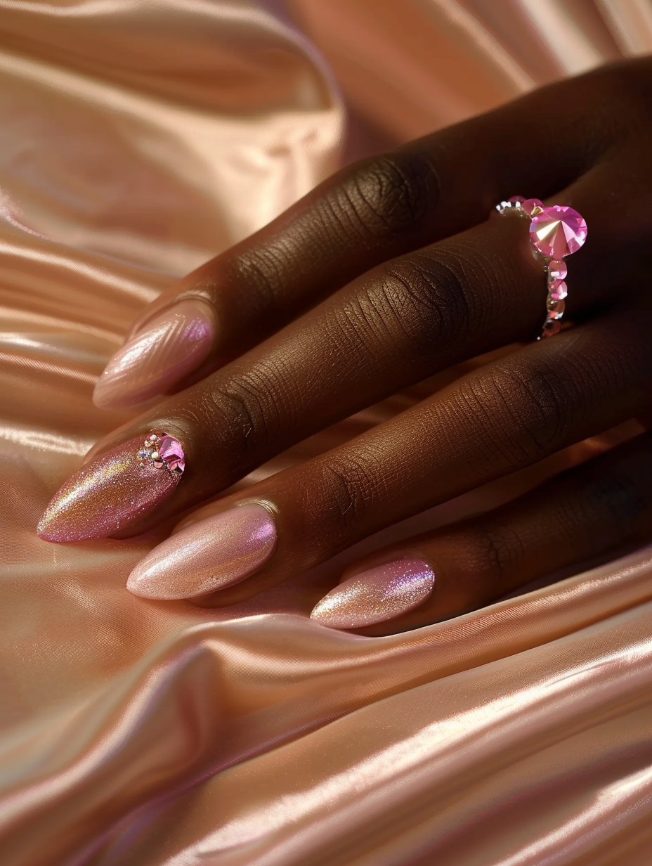 Capture a close-up of a hand adorned with Sparkling Elegance - Pink Gem Nails, the shot radiating contemporary glamour reminiscent of 2020s high-fashion photography. The nails, meticulously polished in a lustrous, soft pink hue, are each adorned with a single, exquisitely cut pink gem at the center, catching the light to reveal intricate facets and depth. The lighting, inspired by the natural, soft illumination characteristic of a late afternoon sun, should enhance the sparkle of the gems and the subtle sheen of the polish. The skin's texture—soft, with realistic detail—and the nails' flawless application must be in sharp focus, using a macro lens to achieve an almost tangible level of detail. Opt for a Canon EOS R5 with an RF 100mm F2.8L MACRO IS USM lens, ensuring pristine clarity and a shallow depth of field to keep the background, perhaps a simple, elegantly draped velvet fabric in a muted color, softly blurred. This choice accentuates the nails' delicate artistry against a luxurious backdrop, achieving a balanced composition where every glint and reflection contributes to the overall sense of exquisite elegance.