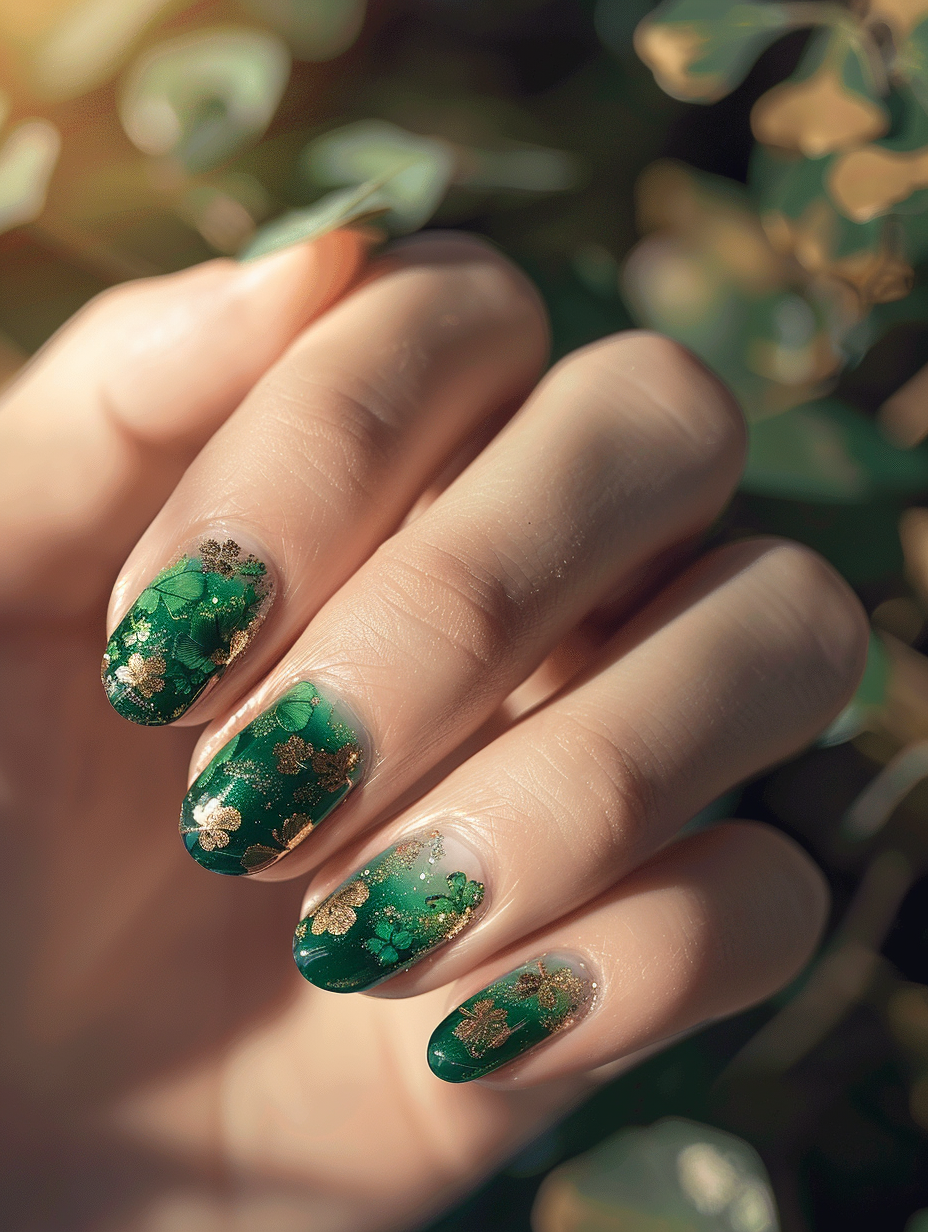 Craft a photorealistic image of an intricately designed, St. Patrick’s themed fingernail art, positioned gracefully on a slender hand. The nails are adorned with vibrant green shades and delicate gold leaf patterns, symbolizing luck and festivity. The setting is illuminated with soft, natural light streaming through a nearby window, highlighting the glossy finish of the nail polish and the subtle sparkle of the gold leaf, creating a lively contrast. The scene captures the essence of a fresh spring morning, invigorating the green hues. Shot with a Canon EOS R5, using a 100mm f/2.8L Macro IS USM lens for extreme detail, the depth of field is narrow, keeping the focus sharp on the nails while softly blurring the background. This mimics the style of contemporary high-end cosmetic photography, where the balance between the vibrant subject and its understated, elegant surroundings draws the viewer’s eye directly to the artistry of the nail design, evoking a feeling of renewal and celebration inherent to St. Patrick’s Day.