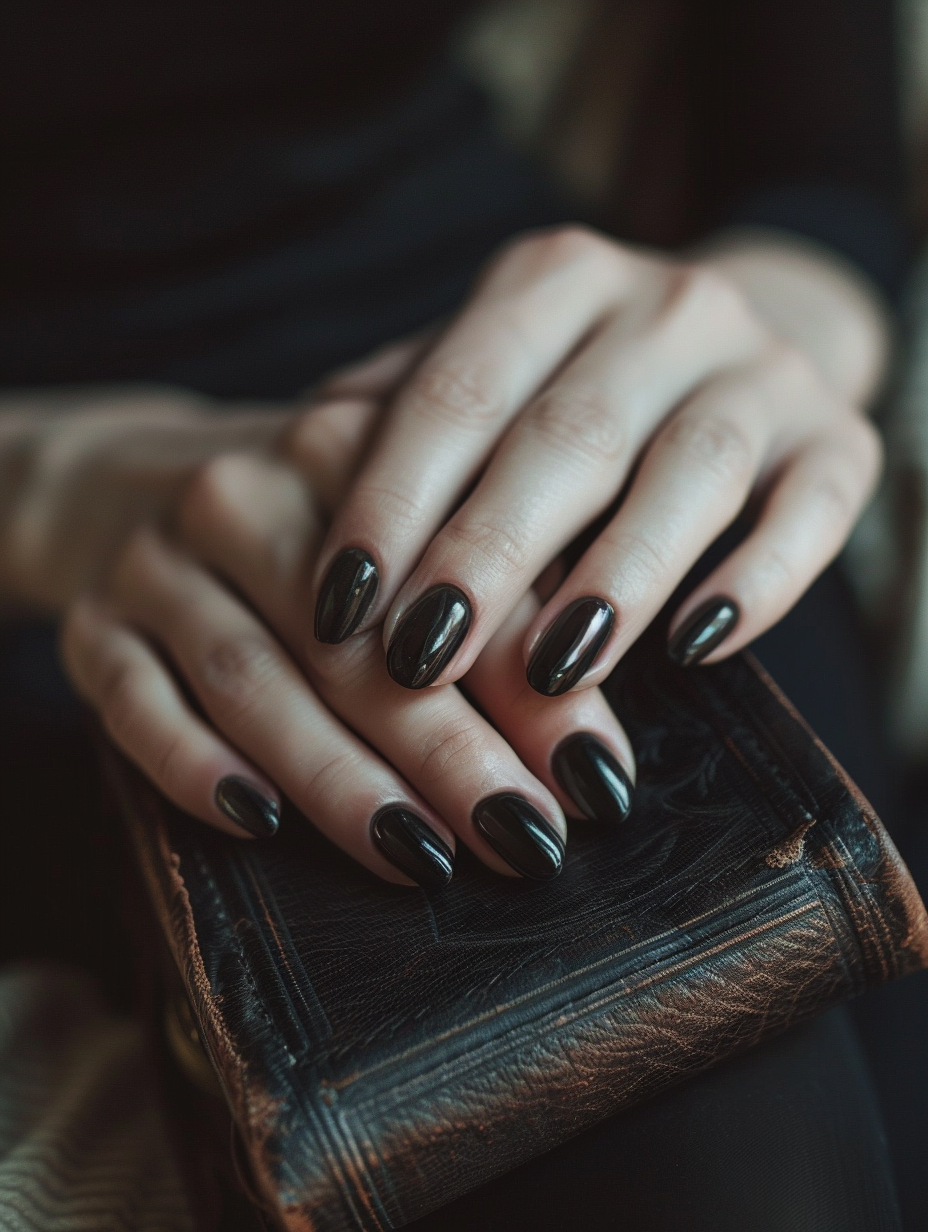 Capture a close-up, high-detail image of sophisticated and bold black nails, polished to a gloss finish that reflects the environment. The hands should rest gently on a matte, soft-leather journal, emphasizing contrast. Utilize natural light, diffused through a sheer curtain, to highlight the subtle contours of the nails and the texture of the leather. Employ a Canon EOS R5 camera with a RF 100mm F2.8L Macro IS USM lens, set to f/2.8 for sharp focus on the nails while softly blurring the background. This setup, inspired by the clarity and depth of Annie Leibovitz's portraits, should ensure a lifelike capture with vibrant but natural colors, subtle skin tones, and a delicate balance between light and shadow, adding a sense of depth and atmosphere. Aim for a composition that feels both casual and intimate, as if the viewer has stumbled upon a private moment of elegance. Please ensure the image captures the essence of 2020s high-quality visual content, with a touch of film grain for texture.