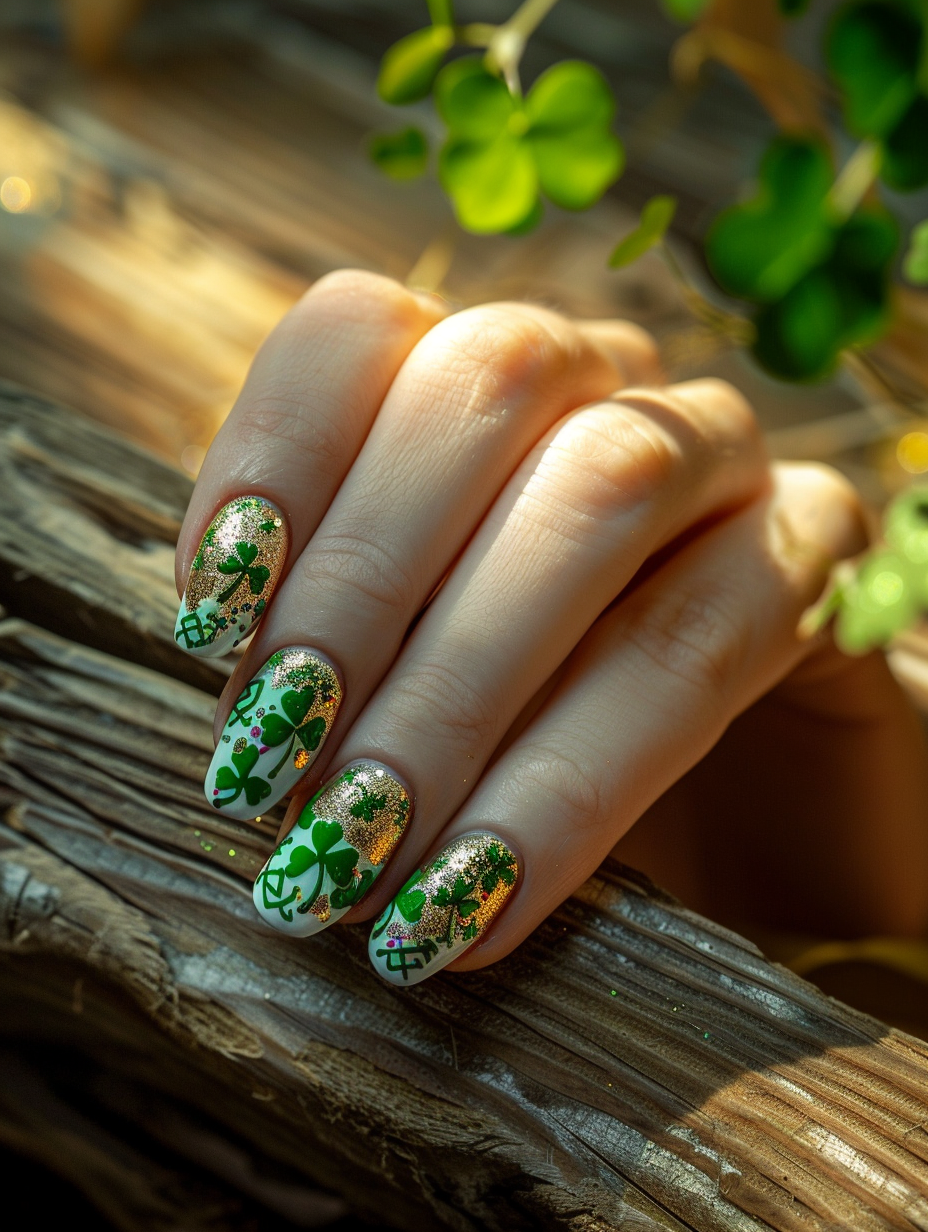 Capture a photorealistic image of a hand with Lucky and Lively St Patrick's-themed nail art, positioned gracefully on a rustic, wooden table lit by the soft, golden glow of the late afternoon sun creeping through a nearby window. The nails should showcase intricate designs featuring shamrocks, pots of gold, and delicate Celtic knots, rendered in vivid greens, golds, and whites. Employ a Canon EOS-1D X Mark III with a Canon EF 100mm f/2.8L Macro IS USM lens, utilizing a narrow depth of field to sharply focus on the nails, while softly blurring the background. The lighting should utilize natural light complemented by a reflector to highlight the shimmer in the metallic paint and the subtle textures of the nail art, ensuring each detail is crisp and vibrant. Add a slight film grain in post-processing to enrich the image's texture and give it a timeless feel, akin to high-quality editorial content of the 2020s. The composition must strike a balance between the detailed nail art and the rustic charm of the setting, creating a tangible sense of warmth and festive spirit.