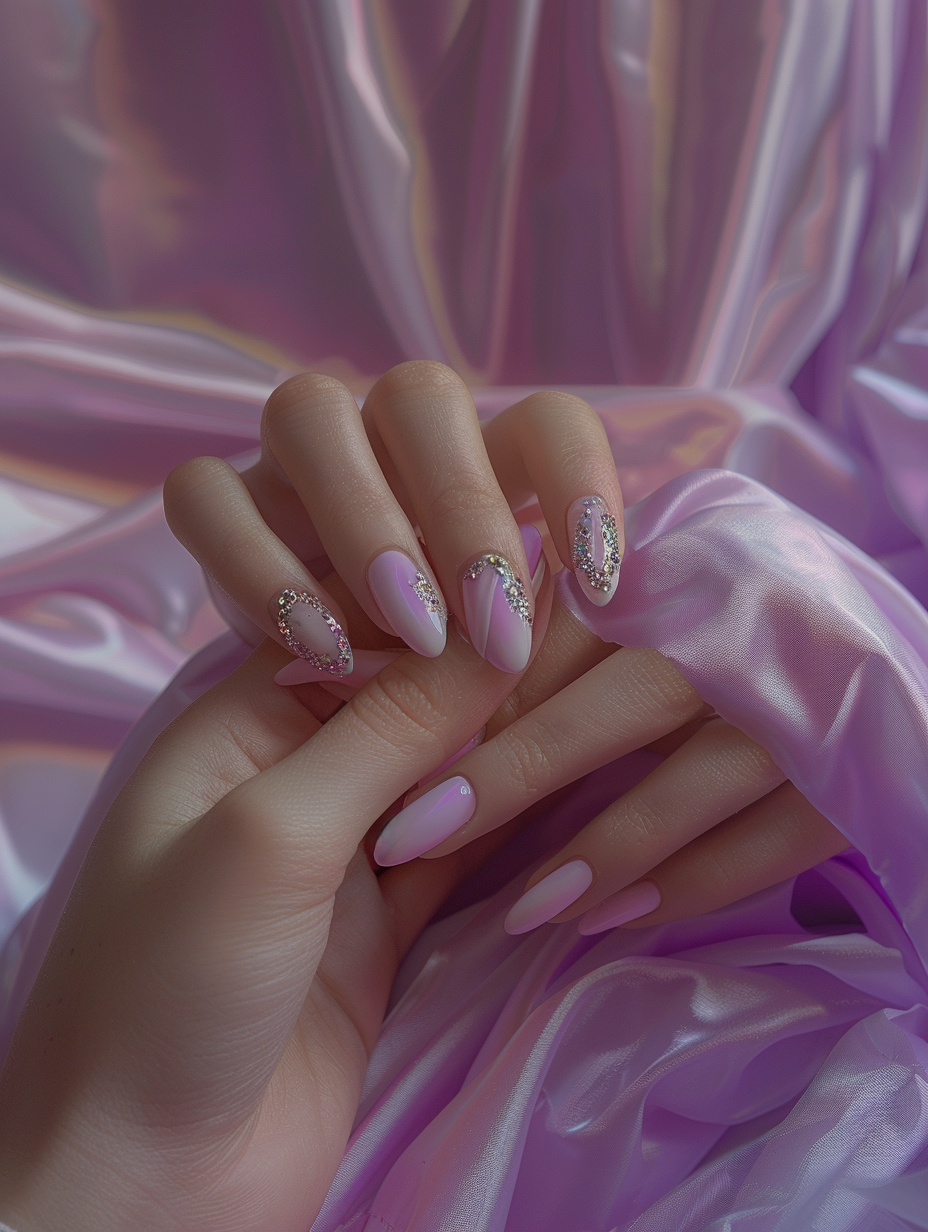 Capture a photorealistic image of a hand model showcasing Pastel Nail Designs, adopting a style akin to the soft elegance seen in the works of renowned photographer Jamie Nelson. The nails should feature a variety of pastel shades - soft pinks, muted lavenders, creamy mint greens, each nail presenting a unique, delicate design incorporating elements such as tiny crystals, subtle geometric patterns, and fine, silver lines that catch the light. Lighting is key