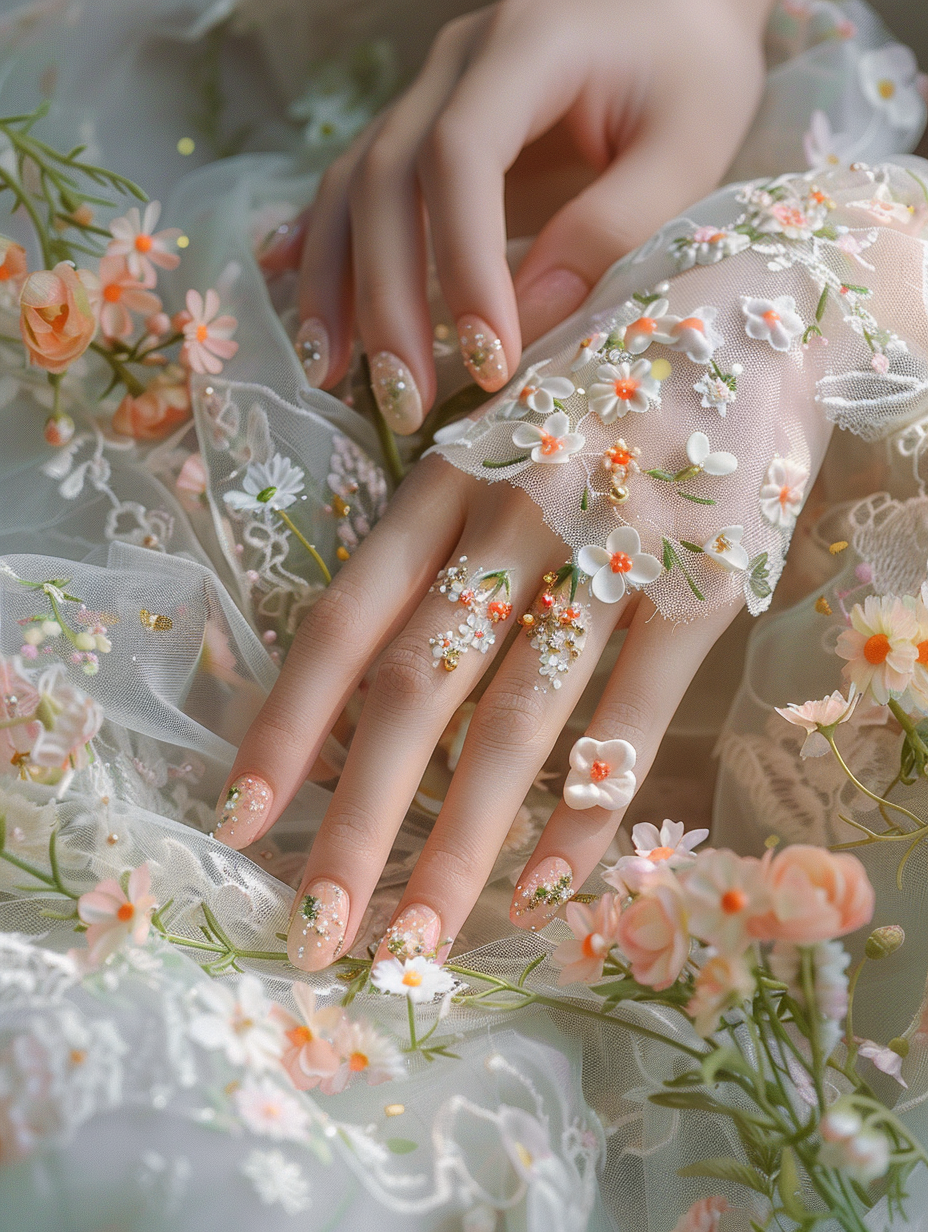 Generate a photorealistic image embodying the essence of Spring through an intimate portrayal of Floral Fantasy - Spring Nails, perfectly manicured and intricately painted with a delicate array of miniature spring flowers, including daisies, cherry blossoms, and tiny lavender sprigs, each petal and leaf rendered with astonishing detail and vivid colors that pop against the soft, pastel background. The nails are captured in natural daylight, with the golden hour sun casting a warm, diffused light that highlights the glossy finish of the nail polish and the fine, almost imperceptible brush strokes, creating a subtle interplay of shadows and illuminations that enhances the three-dimensional effect of the flowers. The camera, a Canon EOS-1D X Mark III, equipped with a Canon EF 100mm f/2.8L Macro IS USM lens, focuses closely on the hands rested gently on a vintage lace tablecloth, ensuring the background blurs just enough to keep the attention on the nails. The composition, inspired by the evocative style of Annie Leibovitz's Vanity Fair portraits, achieves a harmonious balance between the organic shapes of the floral designs and the natural beauty of the model's hands, invoking a sense of wonder and the rejuvenating spirit of spring. Advanced lighting techniques, including global illumination and subtle reflections, are utilized to capture the texture of the nail art, the skin, and the fabrics with high detail, sharp focus, and just a hint of film grain, embodying the high-quality visual content of the 2020s.