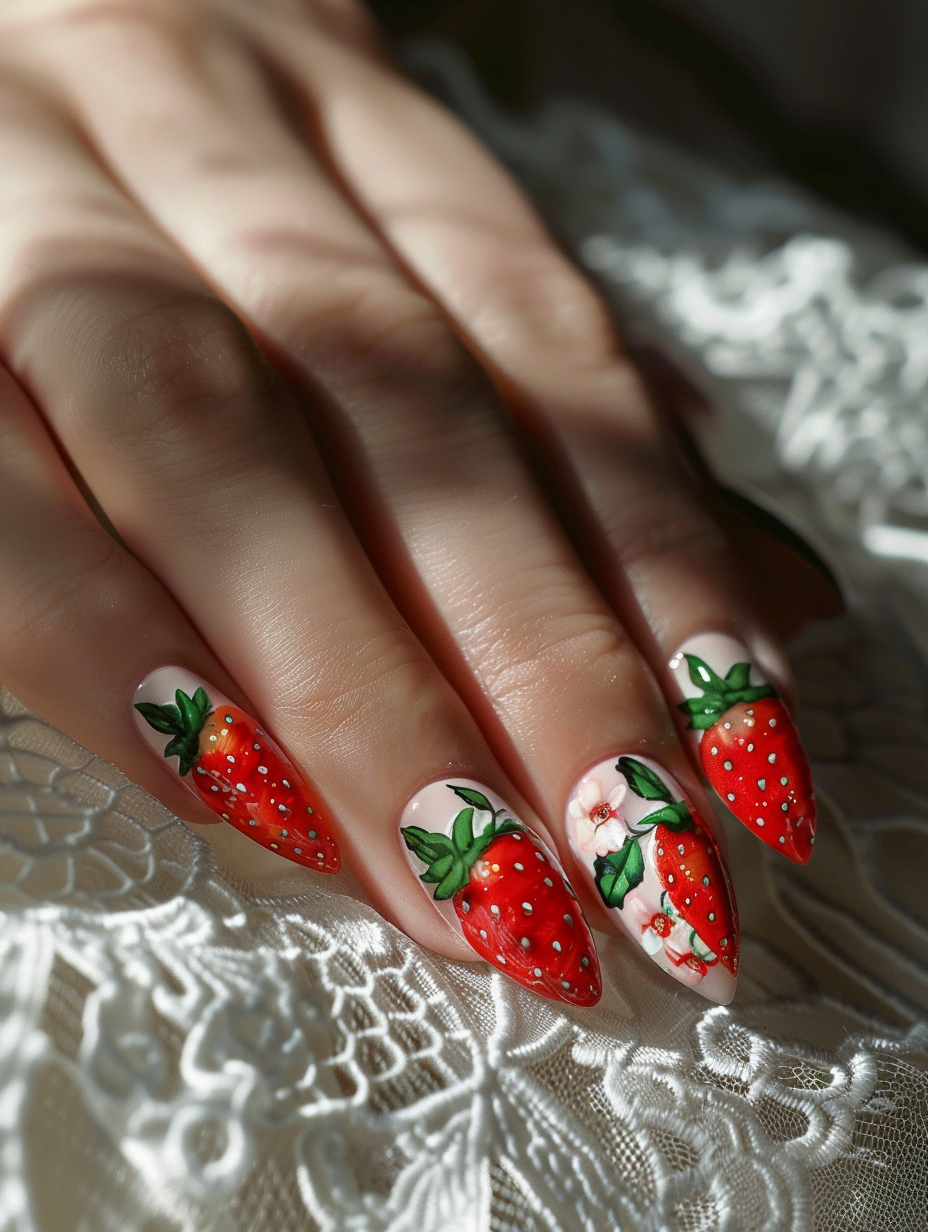 Capture a close-up, photorealistic image of a hand with sweet and playful strawberry-themed nails, carefully manicured, displaying a range of designs from glossy red and seed-speckled polish to delicate green leafy accents at the base of each nail. The hand rests gently on a soft, sunlit, white lace tablecloth, embodying a fresh, spring morning ambiance. Utilize a Canon EOS R5 camera with a 100mm f/2.8L Macro IS USM lens to achieve that crisp, detailed focus on the nails, while softly blurring the background, enhancing the texture of the lace and the natural vibrancy of the nail art. The lighting should be natural, mimicking early morning light streaming through a nearby window, casting subtle, diffused highlights and shadows across the hand, showcasing the glossy finish of the nail polish and the fine texture of the skin. Aim for a composition that balances the vivid, colorful detail of the nails with the tranquility of the setting, achieving a depth and realism characteristic of high-quality 2020s visual content, reminiscent of a scene captured by a renowned lifestyle photographer. The image should invite viewers to appreciate the intricate artistry of the nails, while feeling the warmth and serenity of the scene.