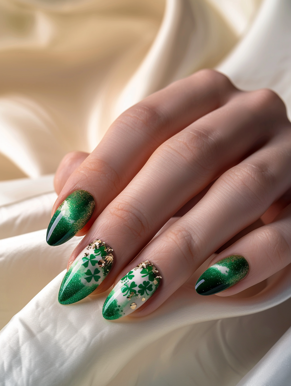 Craft a photorealistic image capturing the essence of St. Patrick's Day through a meticulously designed nail art presentation. The main subject, set against an elegantly simplistic ivory silk background, features a hand with nails artfully decorated in vibrant greens, golds, and subtle hints of iridescent clovers. Each nail showcases a unique pattern, ranging from delicate gradient fades of emerald to rich forest greens, intricate gold foil highlights mimicking the finesse of ancient Celtic knots, and tiny, lifelike clovers embedded under a glossy topcoat for a three-dimensional effect. Lighting casts a soft, diffused glow across the scene, emphasizing the luminous shimmer of the nail art with natural light reflecting off the silk, creating a gentle illumination that enhances the colors' vibrancy without overshadowing the intricate designs. This scene should emulate the high-definition detail and depth akin to the refined compositions of renowned 2020s portrait photographers, using a DSLR camera setup with a macro lens (100mm f/2.8) to achieve a sharp focus on the nails while softly blurring the background, adding a dynamic contrast that invites viewers to admire the lively spirit and lucky charm of St. Patrick's Day captured on the smallest of canvases.