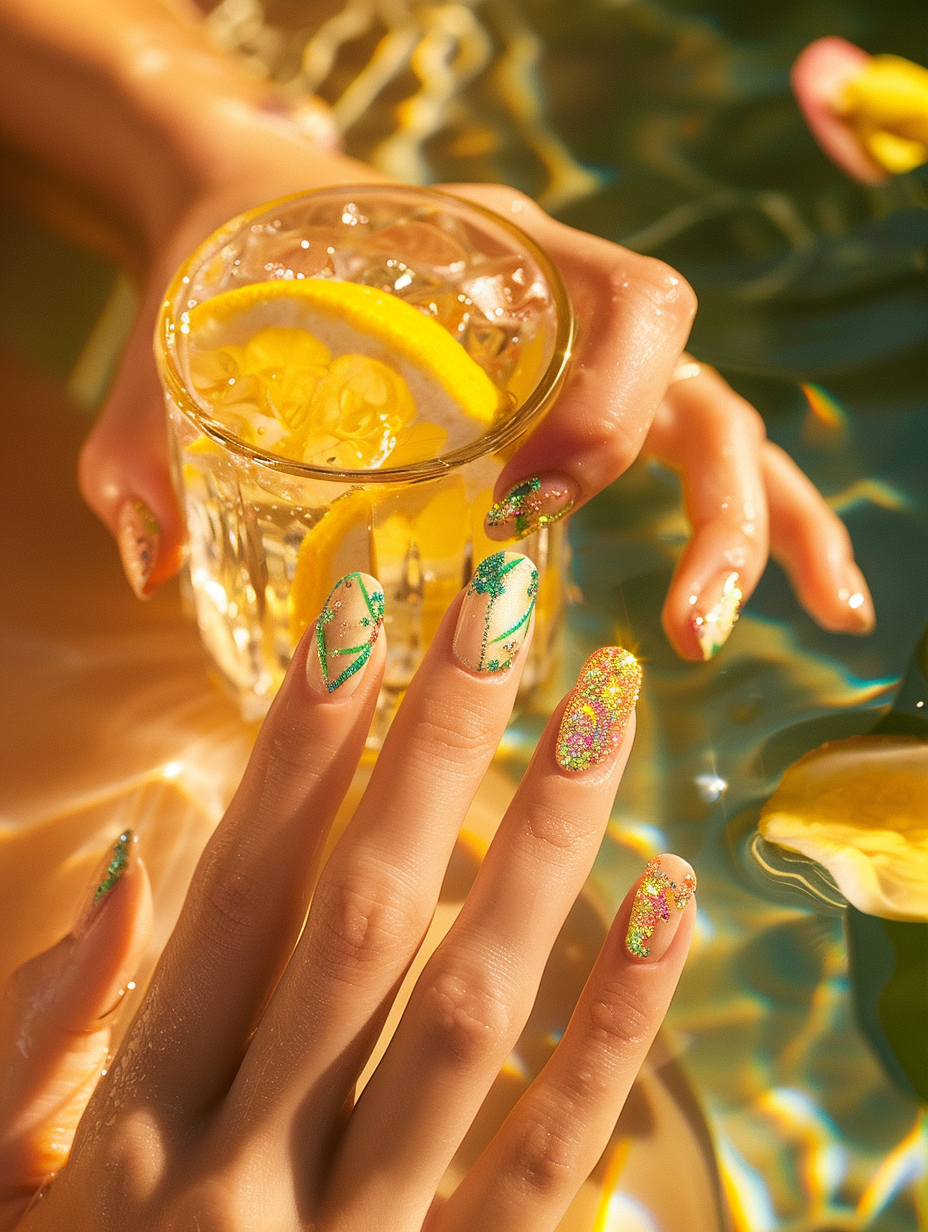 Craft a photorealistic image capturing the essence of summer nail designs, where each nail serves as a miniature canvas showcasing vibrant, intricate patterns. Picture this: the main subject, a pair of elegantly poised hands, cradles a glass of sparkling lemonade, embodying the quintessence of summer. Each nail is adorned with a unique design - from sun-kissed gradients to delicate floral patterns, complemented by tiny, gleaming embellishments that mimic the sparkle of sunlight on water. Lighting plays a pivotal role, with natural sunlight filtering through a nearby window, casting soft, diffused light that highlights the glossy finish of the nails and the subtle textures of the skin. The details are in high resolution, inviting the viewer to appreciate the finesse of the nail art and the dewy freshness of the skin. For capturing this moment, envision using a DSLR equipped with a 50mm prime lens, set to f/2.8 to achieve a narrow depth of field that brings the hands into sharp focus while softly blurring the background. This setup mimics the approach of 2020s high-end fashion photography, where the emphasis on detail, color accuracy, and the interplay of light and shadow crafts an image that's as compelling as it is realistic. The composition balances the vividness of the nails with the serene, summery context, creating a harmonious tableau that feels both intimate and universal.