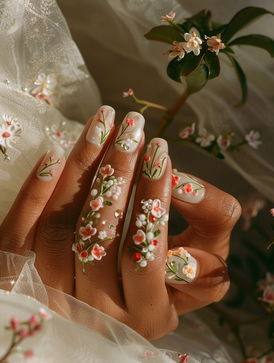 Capture a close-up, highly detailed image of a hand adorned with Floral Fantasy - Spring Nails, reminiscent of the vivid, photorealistic style seen in modern 2020s high-fashion photography. Position the hand slightly off-center to the left, with fingers elegantly splayed, showcasing the intricate, floral nail art in sharp focus. Each nail is a miniature canvas, featuring hyper-realistic, tiny spring blooms—roses, daisies, and cherry blossoms—with delicate dewdrops poised on petals, catching the light. Utilize global illumination and natural daylight filtering through a sheer, white curtain to achieve a soft yet detailed lighting ambiance, highlighting the subtle textures of the nail art and the natural skin tones. The background should be a soft-focus, ensuring all attention remains on the high-detail craftsmanship of the nails. Choose a lens and camera setup that mimics the work of Annie Leibovitz, perhaps a Canon EOS-1D X Mark III with a 100mm f/2.8L Macro IS USM lens, to capture the minute details with crystal clarity while rendering the overall feel of the image in a dreamy, almost ethereal quality. Incorporate a hint of film grain to add texture and a touch of warmth to the image, enhancing its lifelike quality. The composition should be balanced by a subtle, out-of-focus greenery in the distant right corner, invoking the essence of spring and complementing the floral theme, grounding the fantastical nails in a believable, real-world setting.