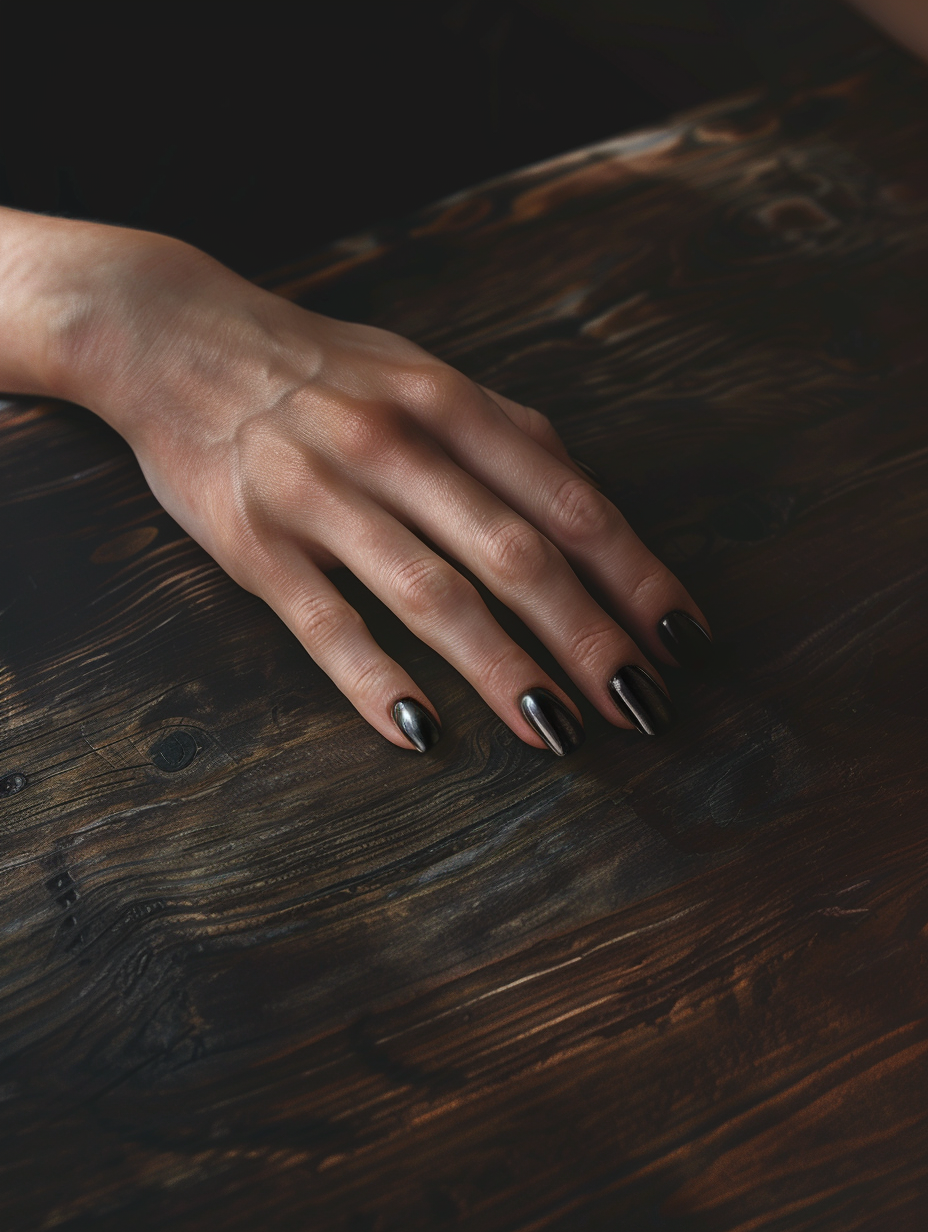 Craft a photorealistic image capturing the essence of sophisticated and bold black nails, meticulously painted with a high-gloss finish that catches the light. The focus rests on slender fingers, adorned with these striking nails, resting gently on the smooth surface of a dark, moody-toned wooden table. Soft, natural light streams in from a large window to the left, casting subtle shadows and highlighting the nails' glossy texture and the wood's intricate grain. The image emulates the style of high-quality 2020s visual content, mirroring the depth and detail seen in the works of renowned photographers like Annie Leibovitz. Employ a Canon EOS-1D X Mark III, with a 50mm f/1.2 lens, capturing this moment in sharp focus, ensuring the black nails are the undeniable focal point. The background remains softly blurred, emphasizing the nails' bold statement against the rustic elegance of the setting. Advanced lighting techniques, including global illumination, enhance the realism, showcasing the nails' sophisticated sheen and the complex interplay of light and shadow. The composition is carefully balanced, with a slight emphasis on the left side to draw attention to the light source, creating a dynamic yet harmonious visual narrative.