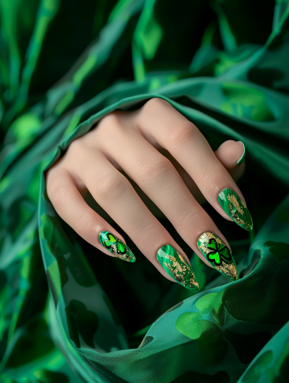 Craft a photorealistic image embodying a Lucky and Lively St Patrick’s themed nail design. The scene is bathed in natural light, simulating early afternoon with soft, diffused sunlight enhancing the vibrant greens and golds of the nail art. Utilize a Canon EOS-1D X Mark III with a 100mm f/2.8L Macro IS USM lens to achieve exceptional detail and sharp focus on the intricately painted shamrocks and delicate gold accents that adorn each nail. The composition centers on a hand poised elegantly against a deep emerald velvet background, providing a rich texture contrast and emphasizing the festive palette. Integrate subtle reflections on the glossy nail finish to add depth and realism, ensuring the image resonates with the high-quality, immersive visual content characteristic of the 2020s. Aim for a balance between the vivid details of the nail art and the overall composition, creating a captivating, realistic snapshot.