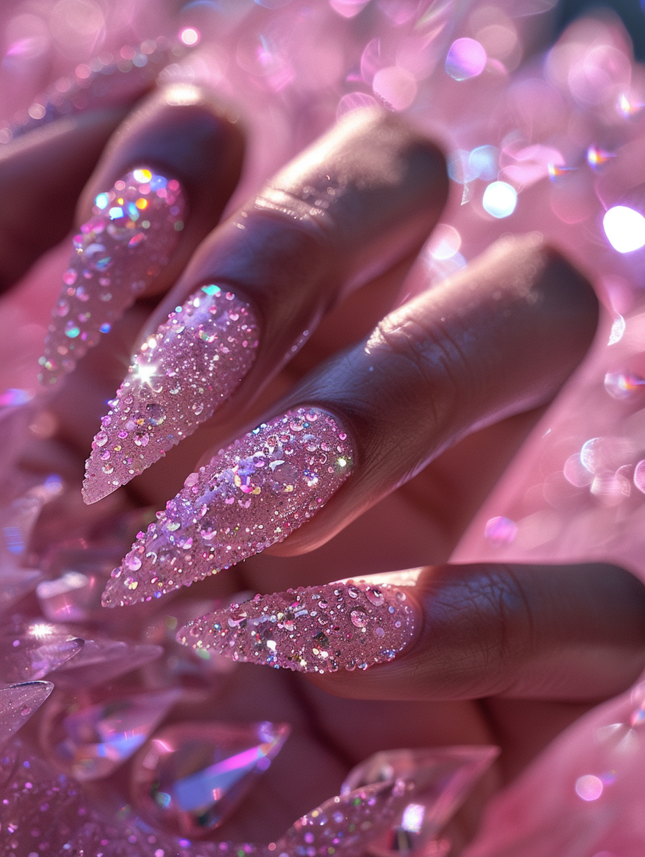 Capture the essence of Sparkling Elegance with a close-up, photorealistic image of Pink Gem Nails, reminiscent of the detailed and glamorous photography style seen in the works of Patrick Demarchelier. The main focus is on a hand displaying its nails, each intricately designed with tiny, glittering pink gemstones, ensuring the gems catch the light and sparkle with a radiance that mimics natural sunlight. Use a Canon EOS R5 camera equipped with an RF 100mm f/2.8L Macro IS USM lens, with settings adjusted for sharp focus and high detail that finds harmony in the depth of field, allowing the background to gently blur while the nails and gems remain in crisp detail. Employ global illumination techniques to achieve a soft, diffused light, enhancing the glitter of the gems and the subtle, natural texture of the skin. The composition should be balanced, with the hand gracefully positioned at the center, surrounded by a soft, neutral background that does not detract from the subject. Emphasize the natural elegance through the play of light and shadow, capturing the slight translucency of the pink gems that gives the image a lifelike depth. Incorporate a subtle film grain to enrich the texture, ensuring the final image evokes a sense of luxurious sophistication in the style of high-quality 2020s visual content.