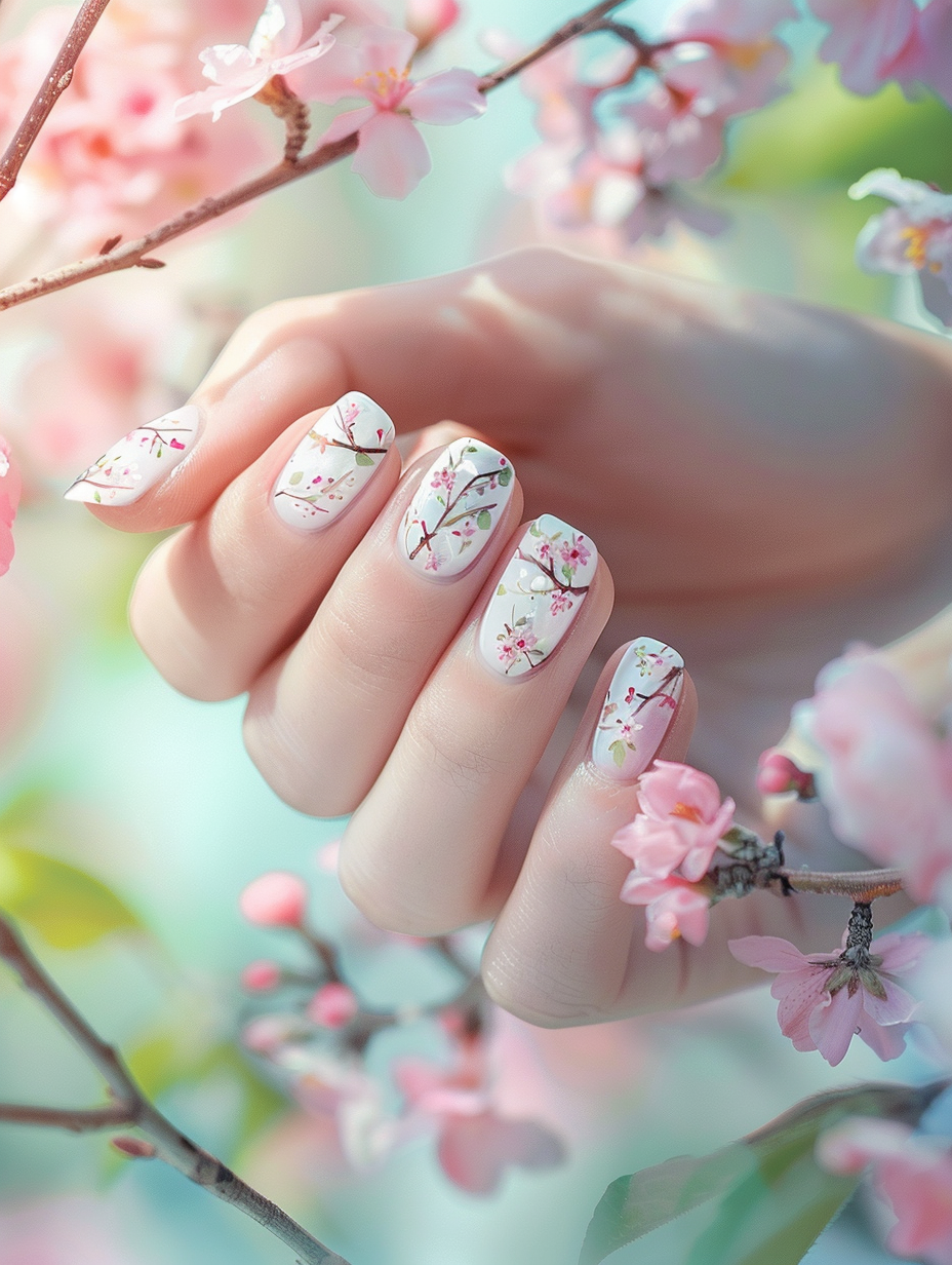 Craft a photorealistic image focusing on the delicate artistry of Floral Fantasy - Spring Nails, as if captured by the lens of a Canon EOS 5D Mark IV, using a 24-70mm f/2.8L II USM lens, set to a focal length of 50mm to ensure a natural perspective with a shallow depth of field (aperture at f/2.8) that isolates our subject while softly blurring the background. The main subject is a pair of hands elegantly positioned, one slightly overlapping the other, against a muted, pastel-colored backdrop evocative of early spring. Each nail is a canvas showcasing intricate, miniature floral designs that are painted with the precision of a master artist