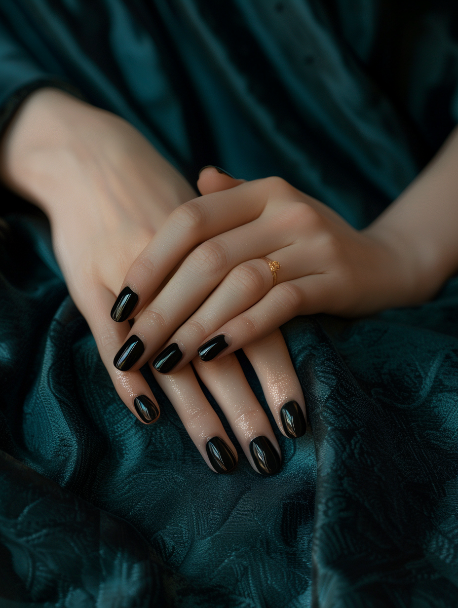 Create a photorealistic image capturing the essence of sophisticated and bold black nails, reminiscent of the works of renowned 2020s photographers, focusing on elegance and realism. The image should be taken with a Canon EOS R5 camera, employing a 50mm f/1.2 lens for a narrow depth of field, ensuring the nails are in sharp focus against a softly blurred background. Incorporate natural lighting to highlight the glossy finish of the black polish, showcasing subtle reflections and the texture of the nails. The composition is balanced with the hands gracefully positioned on a surface of rich, dark mahogany, adding contrast and enhancing the sophistication. The mood is set by the soft, diffused daylight filtering through a nearby window, casting gentle shadows and lending a natural warmth to the scene. Aim for high detail, capturing the slightest nuances of the nail polish's texture and the skin's natural complexion, with a touch of film grain to add depth and a timeless quality.