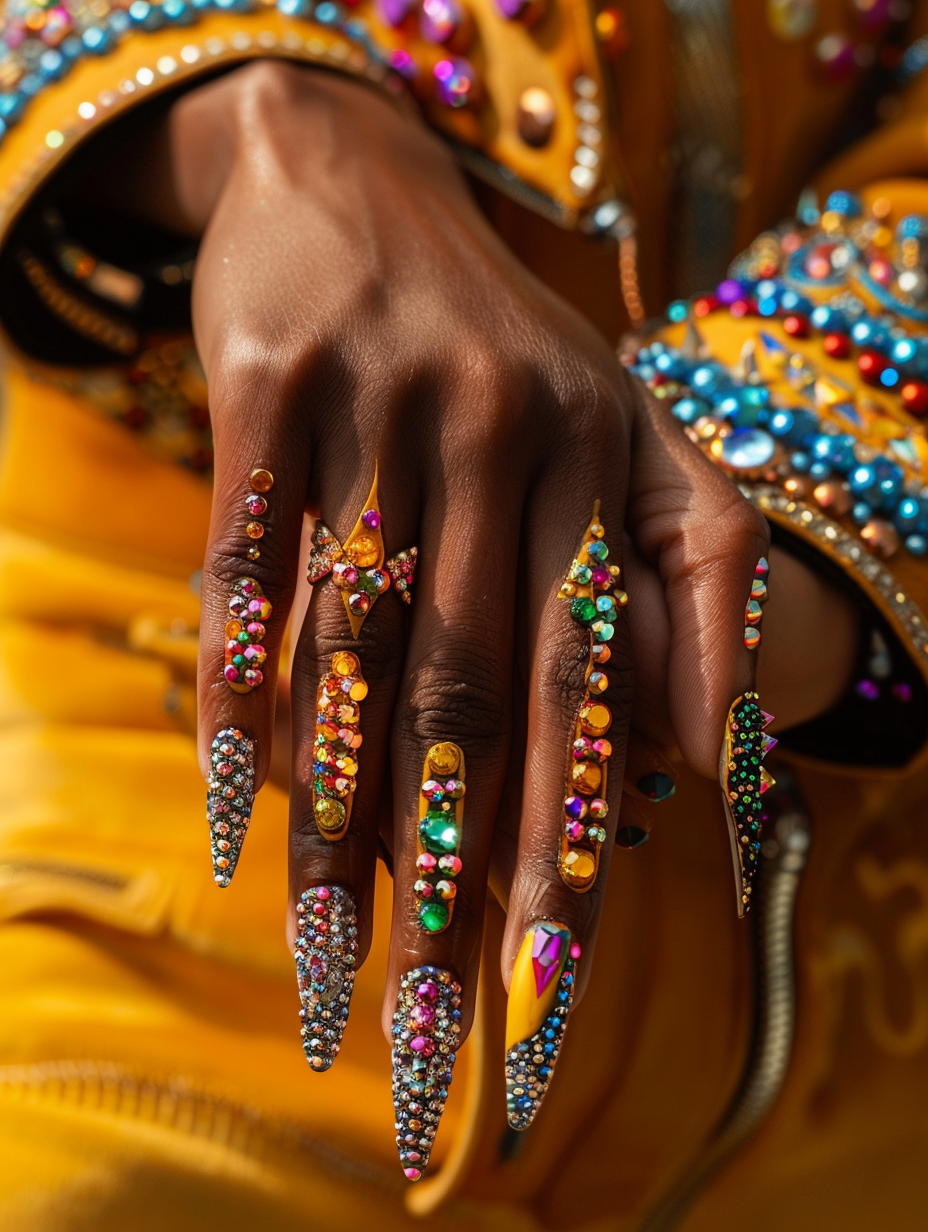 Capture a high-detail, photorealistic image of Urban Chic - Basic Baddie Nails, true to the essence of a 2020s high-quality Instagram influencer's content. The main subject should be a pair of hands with meticulously designed nails - think bold colors, intricate patterns, and perhaps tiny, shimmering studs that catch the light just right. These nails are not just an accessory