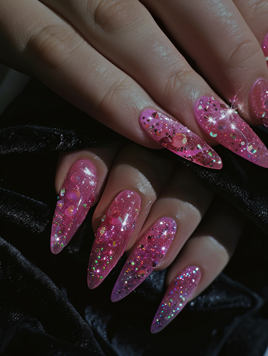 Craft a photorealistic image capturing the essence of *Sparkling Elegance – Pink Gem Nails*, reminiscent of the masterful lighting and depth seen in Peter Lindbergh’s 2020s vogue shoots. Begin with a close-up on a hand resting gently against a matte, black velvet background, ensuring the pink gem-adorned nails are the focal point. Each nail is meticulously finished with a glossy, bubblegum-pink polish, and the feature nail in a ballet slipper pink hosts a constellation of tiny, delicate diamonds that catch light brilliantly. Employ advanced lighting techniques, specifically soft, global illumination with a hint of natural sunlight from the right, casting subtle but defined shadows and enhancing the gem's sparkle and the polish’s depth. Utilize a Canon EOS-1D X Mark III, paired with a Canon EF 100mm f/2.8L Macro IS USM lens, set to capture high detail and sharp focus on the nails, while creating a blurred background for contrast. The image should balance sophistication with an air of mystery, evoking a tactile response through the visible textures of the velvet and the palpable clarity of the gems, all while maintaining a high dynamic range and gentle film grain to add depth and realism.