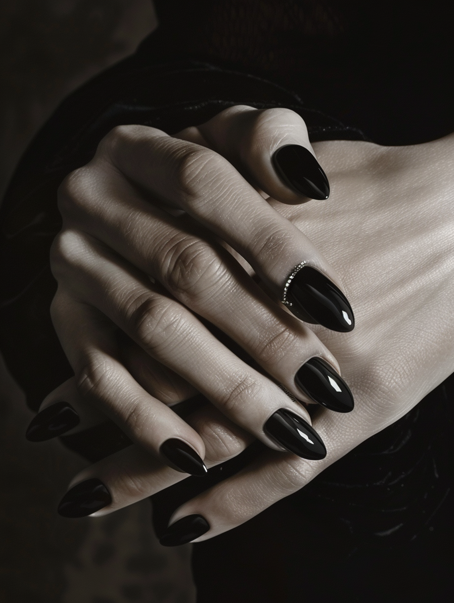 Craft a photorealistic image spotlighting sophisticated and bold black nails, inspired by the meticulous detail and shadow play found in Annie Leibovitz's portraits. Position hands at the center, against a soft, muted background, ensuring nails have a glossy finish that catches natural light, creating a subtle reflection. Employ a Canon EOS-1D X Mark III with a 100mm f/2.8L Macro IS USM lens to capture the fine details sharply, from the soft skin texture to the precise, sleek edge of each nail. Utilize global illumination to mimic the gentle, diffused daylight of a north-facing studio window, enhancing the nails' sophisticated allure without sacrificing depth or detail. Aim for balance in composition, focusing on the hands' elegant positioning, and the contrast between the bold nails and the soft background, infusing the scene with a sense of high 2020s fashion and realism.