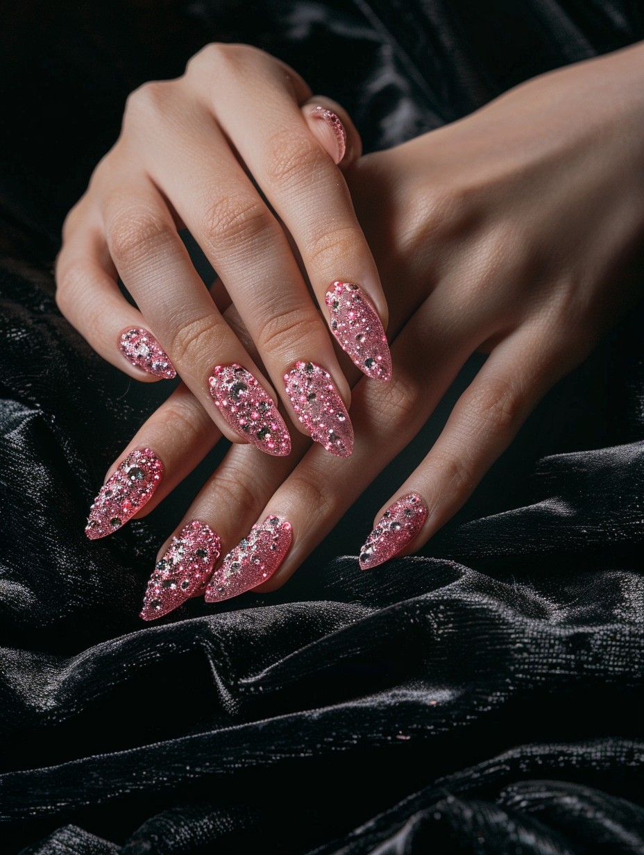 Capture a photorealistic image of Sparkling Elegance - Pink Gem Nails reminiscent of a scene from a high-end 2020s beauty editorial. The main subject, a female model’s hands, is positioned gracefully on a black velvet background, emphasizing the contrast and allowing the pink gem nails to be the focal point. Each nail, meticulously manicured in a medium-length almond shape, glistens with tiny, delicately placed pink gems that capture and reflect the light. Utilize global illumination to mimic the soft, natural daylight that cascades through a nearby window, subtly highlighting the intricate details of the gemstones and creating a soft gleam on the velvet. The camera, a Canon EOS R5 equipped with a 100mm F2.8L Macro IS USM lens, is set to a narrow aperture (f/8) to ensure high detail and sharp focus on the nails while gently blurring the edges of the hands into the rich texture of the velvet. The scene meticulously balances the brilliance of the gems with the depth of the background, aiming for a composition that speaks to the elegance and luxury of the moment, all while maintaining a lifelike depth and texture, reminiscent of the works of Patrick Demarchelier in its clarity and detail.