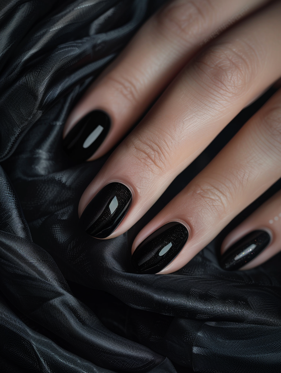 Capture a close-up, photorealistic image of sophisticated bold black nails, meticulously manicured and polished to a glossy finish. The nails are adorned with subtle geometric patterns, emitting an aura of elegance and strength. Utilize a Canon EOS-1D X Mark III, with a 100mm f/2.8L Macro IS USM lens for unparalleled sharpness and detail. Lighting should mimic the soft, diffuse glow of late afternoon sunlight, employing global illumination techniques to highlight the smooth curves of the nails and the intricate patterns with natural gradations. The composition is grounded on the delicate texture of a silk scarf, adding a luxurious backdrop that contrasts with the boldness of the nails. Aim for a depth of field that keeps the main subject in sharp focus while gently blurring the background, creating a sense of dimension. Emphasize high detail and texture, capturing the interaction of light and shadow to evoke a tangible realism, reminiscent of the high-quality visual content of the 2020s, drawing inspiration from the photographic style of Peter Lindbergh.