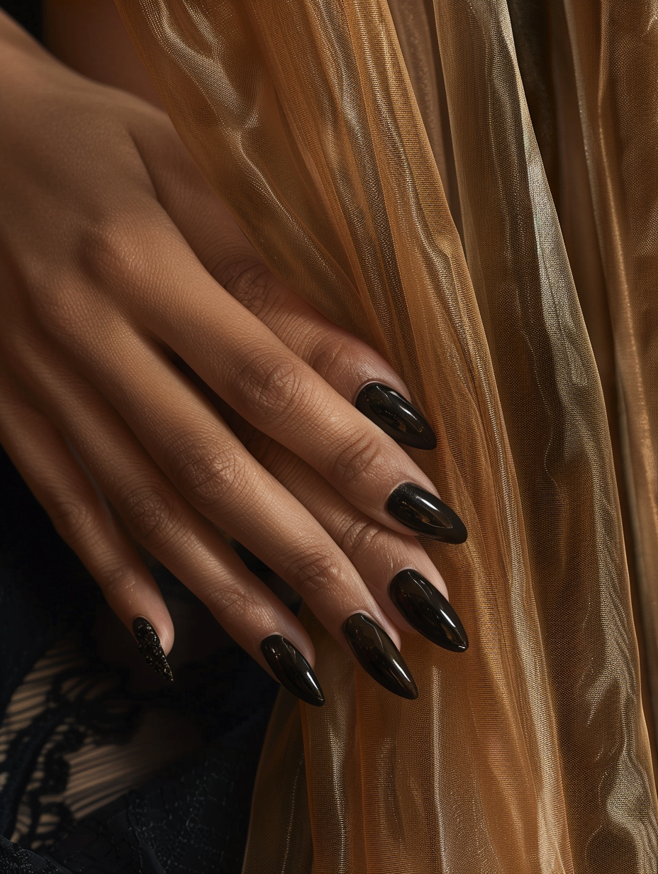 Captivate visual senses with a high-detail, sharply focused image of sophisticated, bold black nails, reminiscent of high-quality 2020s visual content à la the iconic film scenes of Roger Deakins. Utilize a Canon EOS-1D X Mark III, paired with an EF 100mm f/2.8L Macro IS USM lens, to capture the essence of luxury and boldness. The composition thrives under natural light filtering through sheer curtains, creating soft, global illumination that highlights the glossy finish and intricate detail of the black nail polish. The image balances on the precipice of realism, with the subtle play of light and shadow emphasizing the texture of the skin and the smooth, reflective surface of the nails. This scene is set against a backdrop of opulent, dark mahogany wood, adding depth and contrast, accentuated by a delicate film grain that breathes life into the photograph, making it feel like a snapshot from reality.