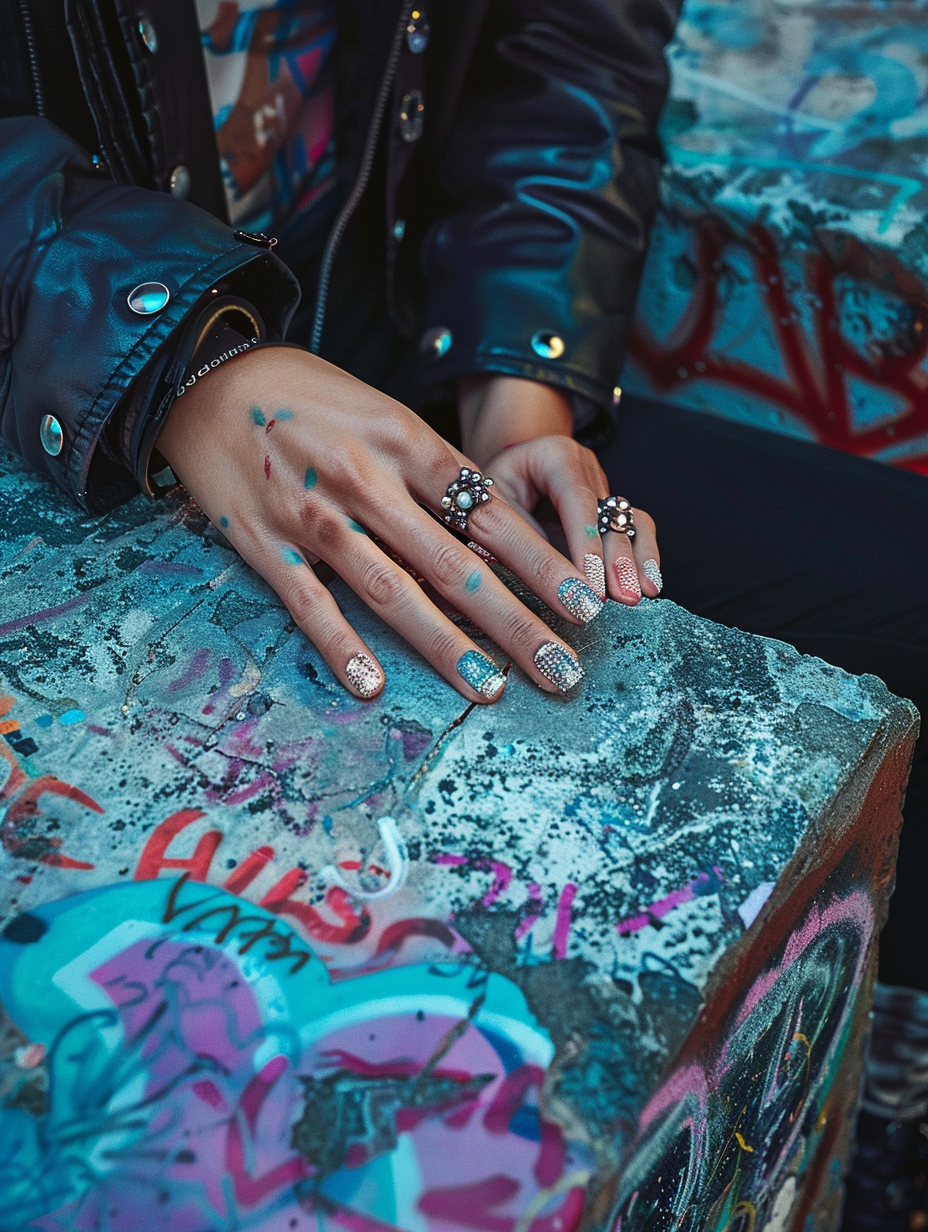 Capture an ultra-detailed, photorealistic image of Urban Chic - Basic Baddie Nails, focusing intensively on a pair of hands resting casually on a weathered, graffiti-covered concrete table that hints at a bustling city life. The nails should boast an intricate design: think neon ombre with tiny, precise embellishments of silver studs and delicate, hand-painted motifs, exuding an edgy yet sophisticated vibe. Utilize global illumination to mimic the soft, diffused light of a cloudy afternoon, casting subtle reflections on the glossy nail surfaces and revealing the texture of the skin and concrete. Frame this scene through the lens of a Canon EOS R5, using a 50mm f/1.2 lens to achieve a shallow depth of field, rendering the background into a creamy bokeh that accentuates the sharp focus and high detail of the nails and hands. The image composition should balance the rugged texture of the table with the detailed nail artistry, capturing the essence of urban chic. Incorporate a filmic quality, emulating the high-quality visual content of the 2020s, perhaps drawing inspiration from the likes of Petra Collins’ soft yet vivid color palettes, to make the scene pop with a real yet aspirational quality.