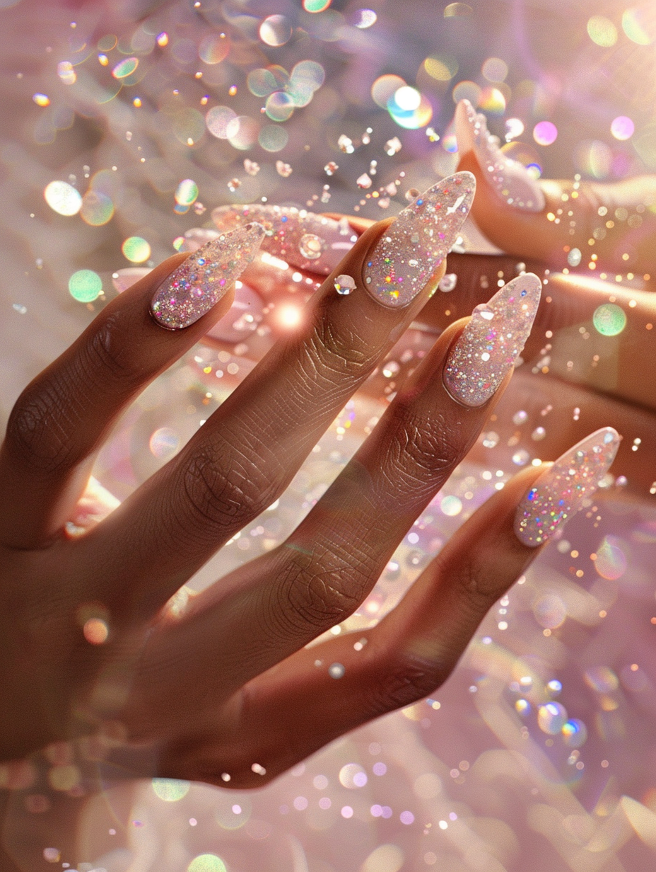 Imagine a photorealistic image that captures the essence of Sparkling Elegance through a close-up shot of perfectly manicured hands, specifically focusing on pink gem nails. The main subject, the nails, are polished in a soft, pastel pink hue, adorned with meticulously placed, tiny, sparkling gems that catch the light beautifully. Each gem reflects the light, showcasing a spectrum of colors, with a particular emphasis on pink and white reflections, mirroring a high-quality diamond's brilliance. This effect is achieved through the use of natural light, which filters through a nearby window, enveloping the scene in a warm, golden glow that compliments the pink tones of the nails. The lighting setup mimics the advanced techniques seen in the works of photographers like Annie Leibovitz, balancing shadow and light to create depth and dimension. The camera, a Canon EOS-1D X Mark III, equipped with a 100mm f/2.8L Macro IS USM lens, is used to capture the scene, ensuring the nails remain in sharp focus while gently softening the background. The composition balances the hands' position at the center of the frame, supported by a blurred background of creamy whites and soft pinks, enhancing the nails' delicate color. The image emulates the cinematic quality of 2020s visual content, with a dash of film grain added in post-processing for texture and depth, creating a moment frozen in time that feels both luxurious and intimately real.