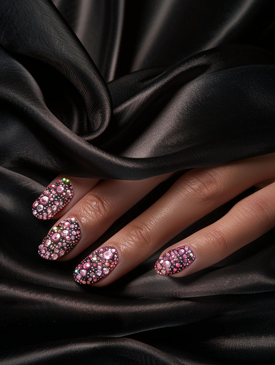 Capture the essence of opulence with a photorealistic image of Sparkling Elegance - Pink Gem Nails, crafted to hold the viewer's gaze. The main subject, a hand adorned with intricately designed pink gem nails, rests gently against a luxurious, matte black silk background, highlighting the contrast and elevating the gems' luminosity. Employ global illumination to replicate the soft, diffused light of a cloudy day, illuminating the scene naturally and revealing the intricate details of each gem's facet. Utilize a DSLR camera with a 50mm f/1.8 lens, ensuring high detail and sharp focus on the nails with a shallow depth of field to softly blur the background, enhancing the nails' sparkling elegance. The composition draws inspiration from the high-quality visual content of the 2020s, balanced with a touch of film grain to add texture and depth, embodying a moment frozen in time. The image should feel like a still from a high-budget film, where every detail contributes to the story of sophistication and luxury, making the viewer almost feel the softness of the silk and the cool touch of the gems.