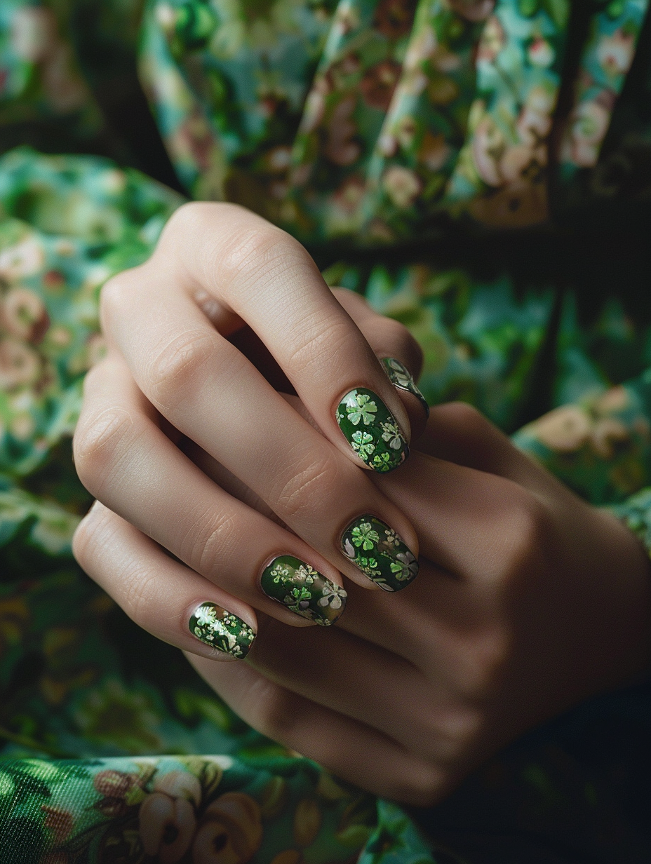 Generate a photorealistic image capturing the essence of St. Patrick's Day through a detailed and lively nail design. The main subject, delicately held within the soft, natural light of early spring afternoon, showcases sharp focus on the intricate patterns adorning each nail: shamrocks, pots of gold, and radiant green gradients, illuminated under the gentle kiss of global illumination. The high-detail scene is captured through a Canon EOS R5 camera with a 50mm f/1.2 lens, ensuring lifelike depth-of-field and bokeh. The composition, reminiscent of an Annie Leibovitz portrait, balances the vivid colors against a muted, textured linen background, introducing a subtle film grain to enhance the vintage yet timeless mood. The imagery, steeped in 2020s visual sophistication, evokes a moment of joyful celebration and craftsmanship.