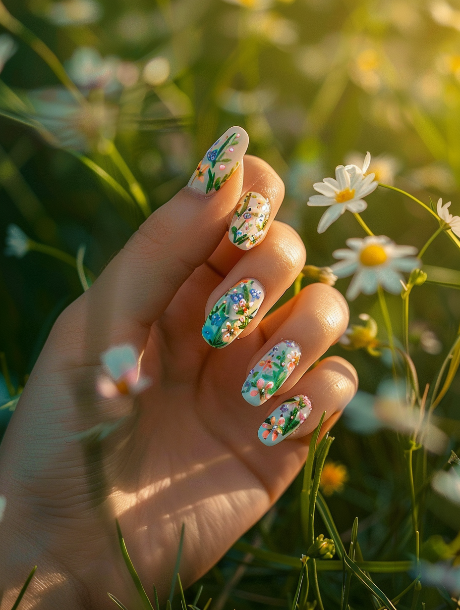 Capture a photorealistic image that epitomizes the essence of a Floral Fantasy - Spring Nails, meticulously showcasing a hand posed gracefully against a backdrop of an ethereal spring meadow. The image should be bathed in the golden hour light, enhancing the delicate pastel color palette of the meticulously painted floral nail art, each nail a canvas displaying a tiny, intricate spring flower - think cherry blossoms, daffodils, and tiny lavender sprigs, with dewdrop accents glistening under natural, soft, diffused sunlight. Employ a DSLR camera, specifically the Canon EOS 5D Mark IV, paired with an EF 100mm f/2.8L Macro IS USM lens, to capture the exquisite detail and texture of the nail art against the skin, ensuring a shallow depth of field that brings the nails into sharp focus while softly blurring the lush green of the meadow in the background. The composition should mirror the balanced elegance of a Steve McCurry portrait, with the subject's hand centrally positioned, yet appearing naturally and comfortably placed within the frame, achieving a depth and realism that invites the viewer to momentarily step into this serene, spring fantasy. Lighting and angle should work together to create a sense of three-dimensionality and texture, with particular attention to the way light plays off the subtle curves and contours of the nails and the surrounding nature, embodying the high-quality visual content of the 2020s.