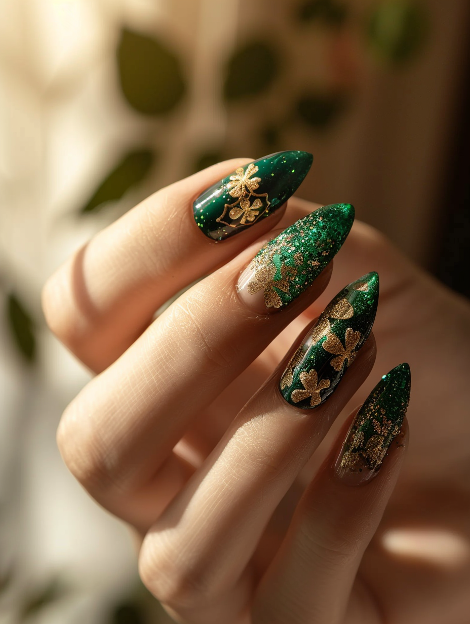 Capture a close-up, sharply focused image of a hand flaunting a Lucky and Lively St. Patrick's themed nail design, embodying the jubilant spirit of the holiday. Each nail, a masterpiece, varies from emerald greens to glittery golds, with intricate shamrock details and thin, golden lines mimicking the flow of Celtic knots. The natural light cascading through a nearby window enhances the vivid colors and metallic shimmer, giving the image a soft, ethereal glow akin to a serene morning. Emulate the depth and texture seen in Annie Leibovitz's portrait work, using a Canon EOS R5 camera with a RF 100mm F2.8L Macro IS USM lens for extreme detail and clarity. The backdrop, a simple wooden table with subtle grain details, contrasts the nails’ vibrancy. Ensure the composition maintains a balanced contrast between the warmth of the light and the cool tones of the nail polish, creating a dynamic yet harmonious image that feels both lucky and lively.