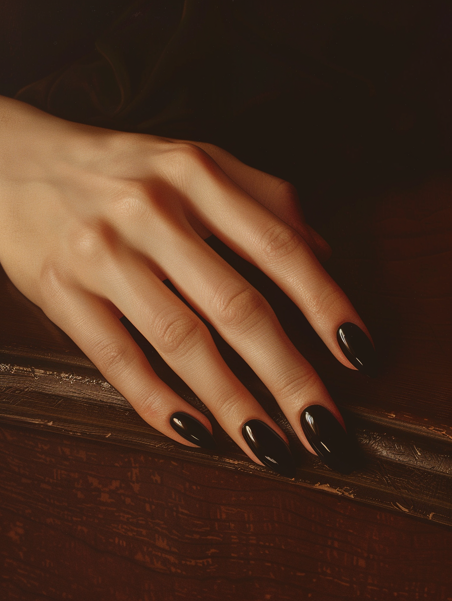 Craft a photorealistic image centered on an elegantly manicured hand with sophisticated and bold black nails. Begin with a sharp focus on the slightly glossy, jet-black polish, capturing its smooth application and the slight curvature of the nails that reflect a dim, natural light, mimicking the style of high-quality 2020s fashion photography. The hand should rest gently against a rich, mahogany table surface, enhancing the contrast, with subtle shadows playing around the fingers, offering depth. Utilize a Canon EOS-1D X Mark III, with a 50mm f/1.2L USM lens, to ensure a shallow depth of field, highlighting the nails while softly blurring the background. Emulate the lighting and mood seen in portraits by Annie Leibovitz, with a warm, natural light source coming from a window out of frame, creating a real-life, intimate atmosphere. Achieve a balance in the composition by placing the hand slightly off-center, directing the viewer's eye naturally across the image. Aim for high detail, preserving the texture of the skin and the wooden surface, with a touch of film grain for authenticity.