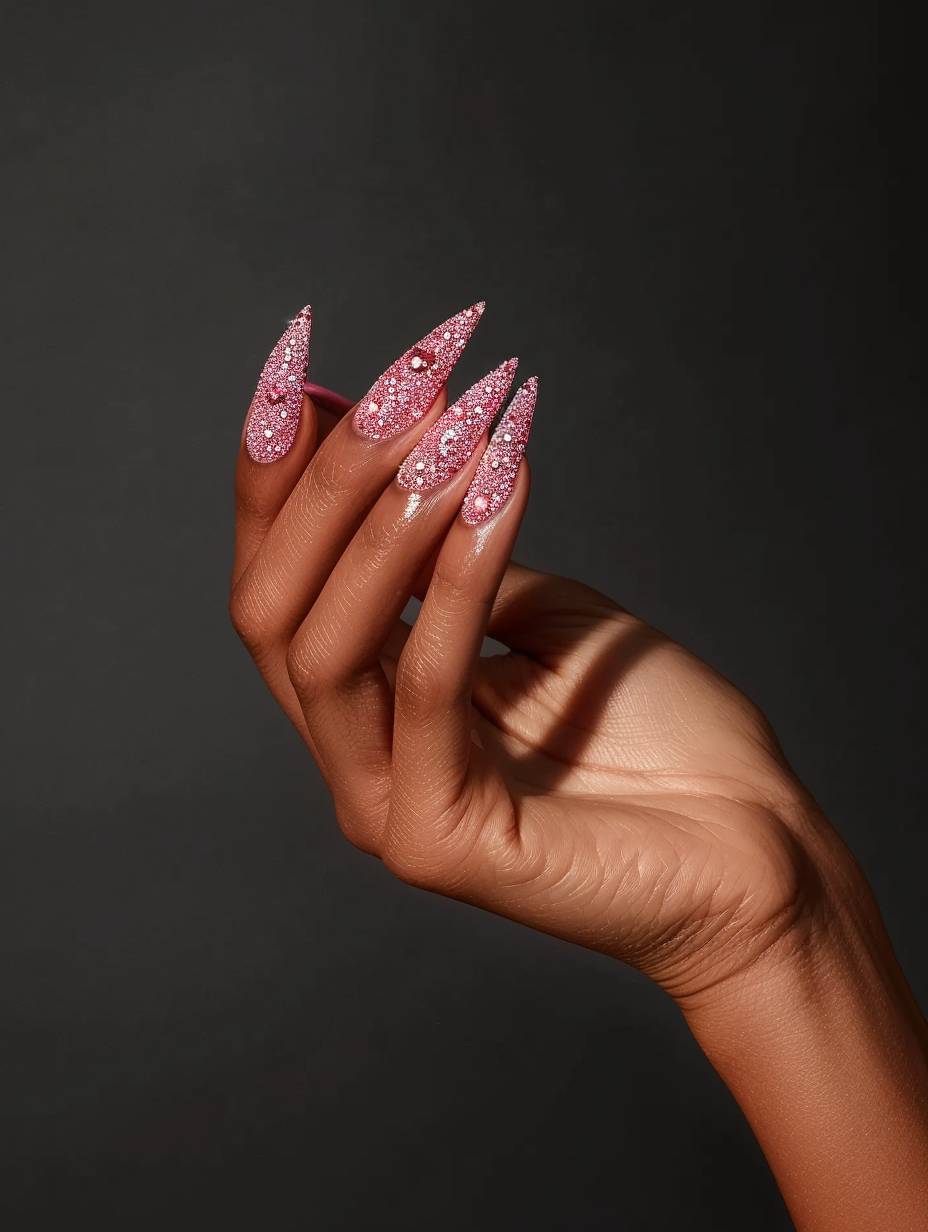 Capture a photorealistic image of a hand adorned with Sparkling Elegance - Pink Gem Nails, positioned gracefully against a velvety matte black background. The nails, flawlessly sculpted to medium length stiletto shapes, are painted in a shimmering ballet pink hue, each nail hosting an expertly placed assortment of tiny, glistening cubic zirconia gems near the cuticles, catching light to mimic the twinkle of distant stars. Utilize global illumination to emulate the soft, diffuse natural light of golden hour, enhancing the sparkle of the gems and the subtle texture of the nail polish. The hand's skin should be depicted with high detail, showing realistic textures and tones. Employ a Canon EOS-1D X Mark III paired with an EF 85mm f/1.2L II USM lens, with the settings adjusted to ensure sharp focus on the nails while softly blurring the edges of the frame to direct attention. This setup, reminiscent of the delicate, ethereal quality found in Petra Collins' portraits, will allow for a narrow depth of field, capturing fine details like the gem's facets and the polish's smooth sheen. Aim for a balanced composition where the hand's position feels natural and inviting, enhancing the overall elegance and luxury of the scene without distracting from the nails themselves. The visual style should invoke a sense of serene sophistication, with a contemporary edge reflective of 2020s high-quality visual content.