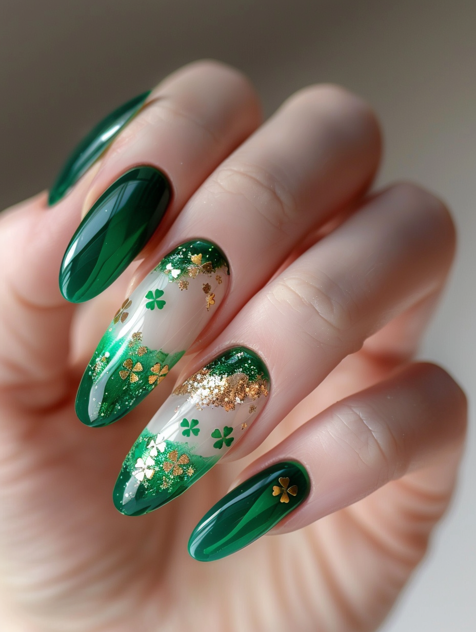 Capture a vibrant St. Patrick's themed nail design, embodying luck and liveliness. The main subject, a hand with meticulously detailed nails, showcases a spectrum of greens, from emerald to mint, accented with intricate gold shamrock decals and delicate glitter trails. Invoke a sense of natural light casting a soft glow, enhancing the sparkle and depth of the colors, akin to the golden hour's warmth. Employ a Canon EOS R5 camera paired with a Canon RF 85mm F1.2L lens to achieve a shallow depth of field, placing the nails in sharp focus against a blurred, neutral-toned background, ensuring every texture from the glossy finish to the fine brush strokes of the nail art is visible. The composition, inspired by the clean, crisp aesthetic of modern high-end beauty photography, balances the vivid nails with the minimalistic surroundings, evoking a sense of elegance and celebration.